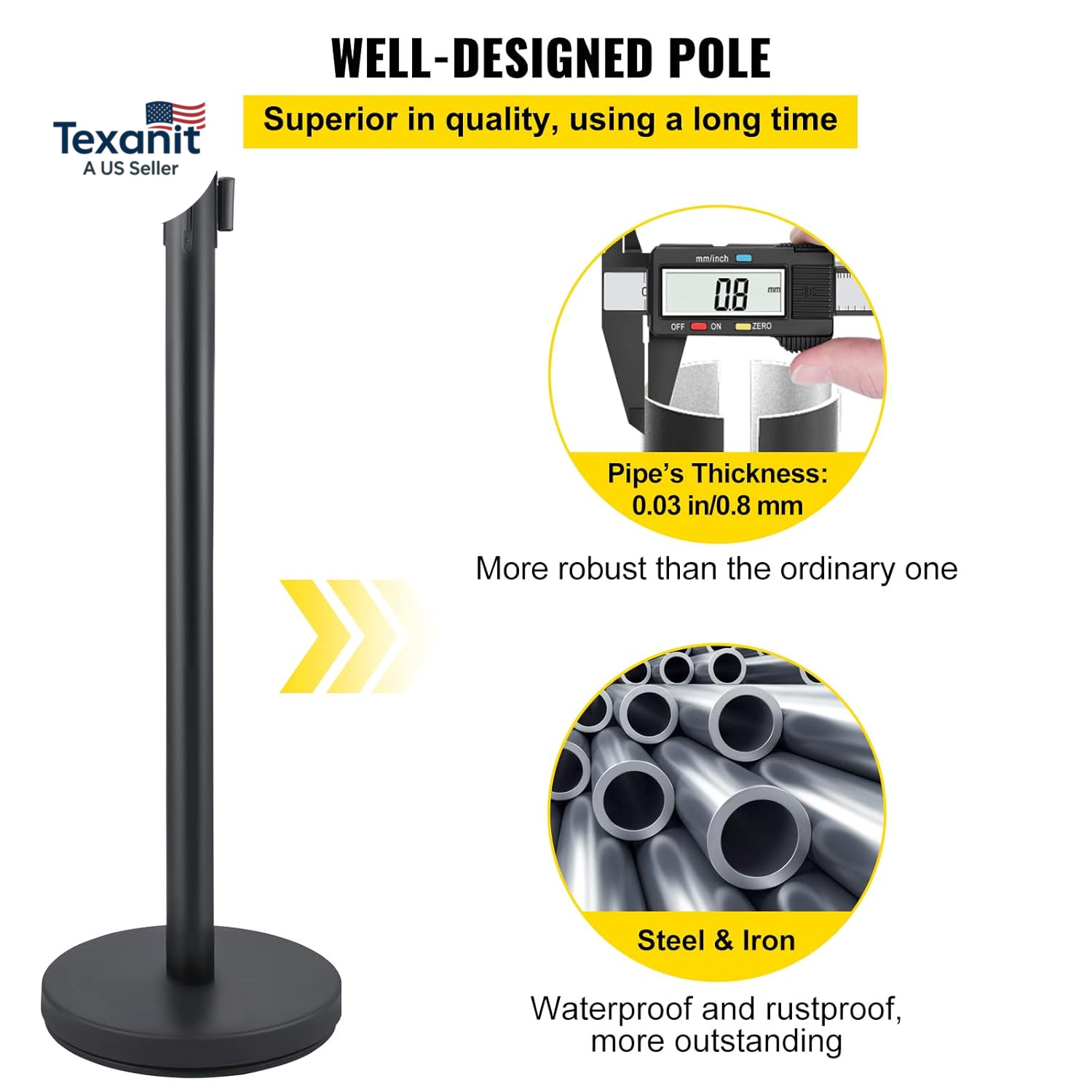 Crowd Control Stanchion Set, Stanchion Set with 6.6 Ft/2 M Black Retractable Bel
