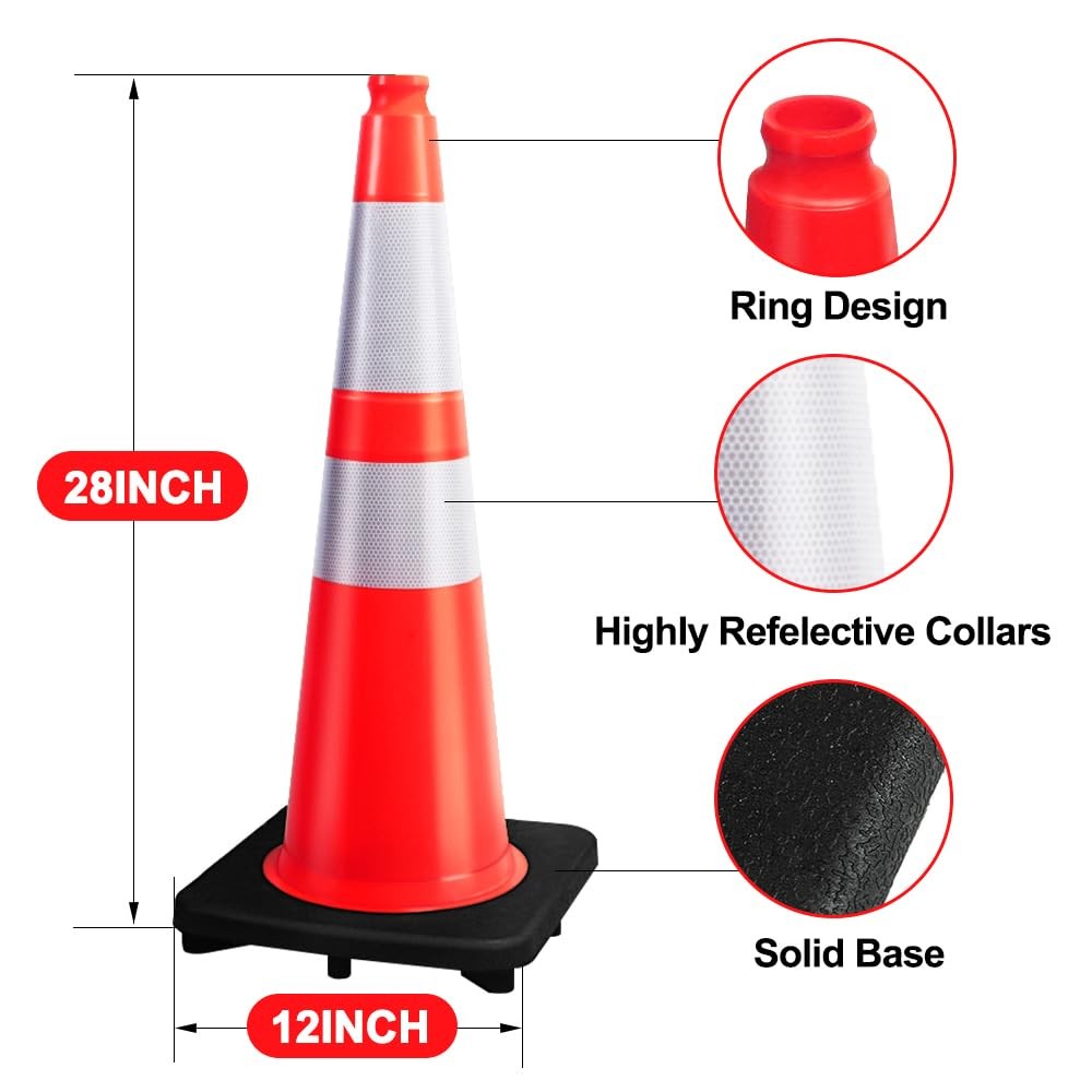 (8 Cones) BESEA 28” inch Orange PVC Traffic , Black Base Construction Road