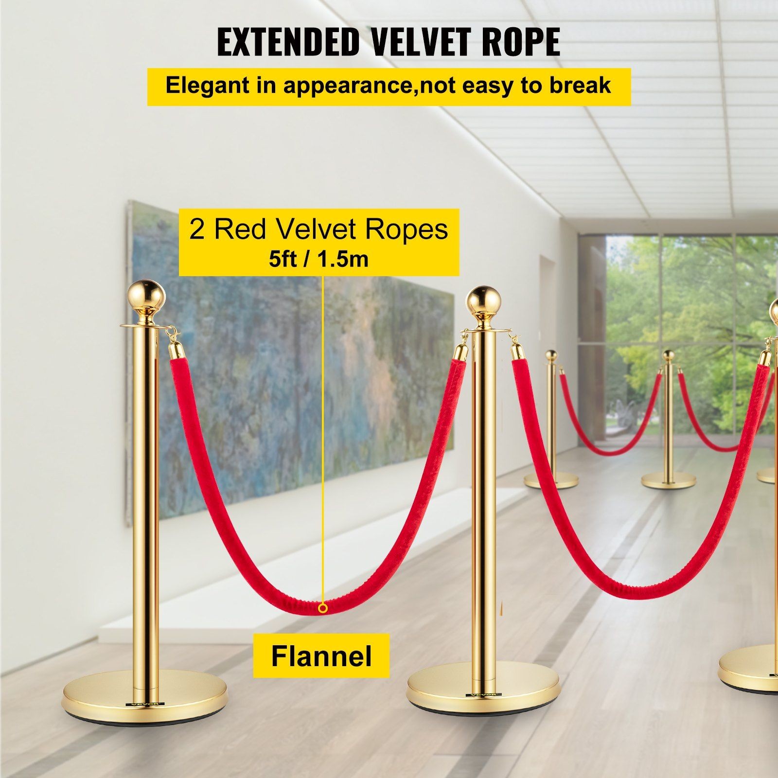 Queue Guide Posts Gold 38in 4 Pack with 5ft Red Flannel Rope Set
