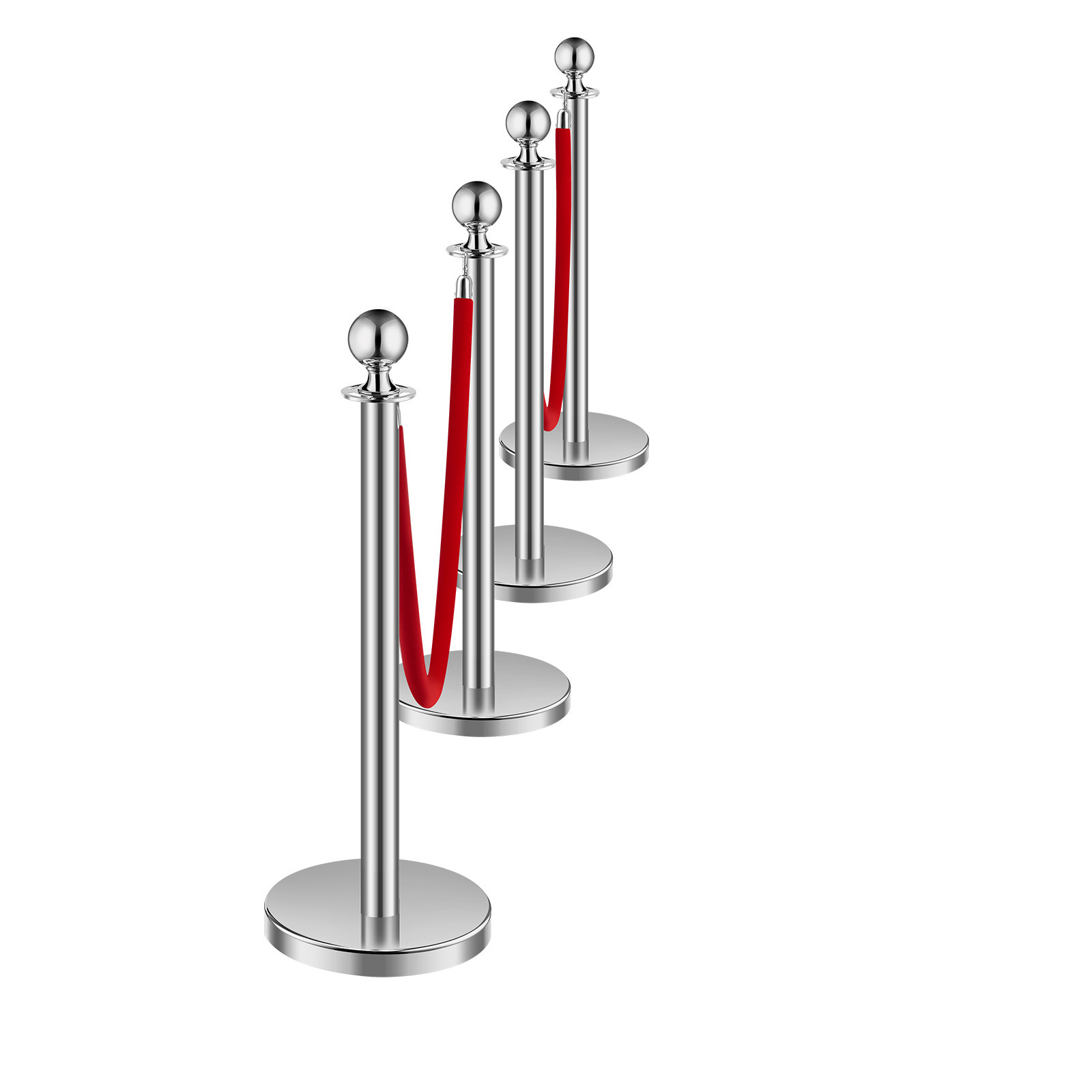 4 Pcs Silver Stanchion Post 2 Red Velvet Ropes Sand Injection Hollow Base