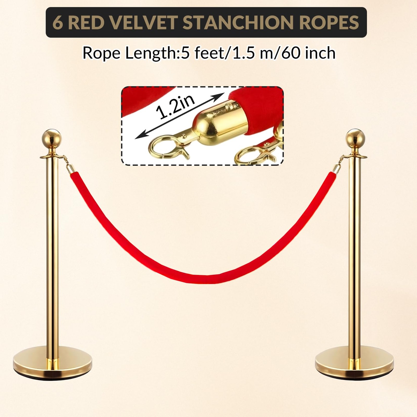 6 Pcs Velvet Stanchion Rope Decorations 5ft Crowd Control Ropes Safety Barrier
