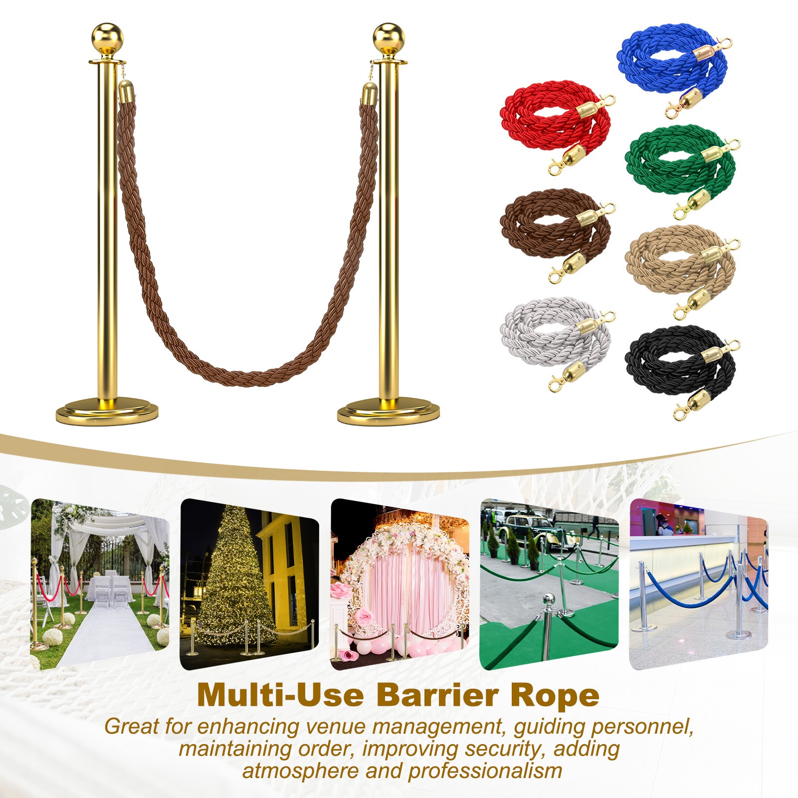 2 Pcs 6.6 Ft/2 m Twisted Stanchion Rope Barrier Rope with Hooks Coffee Golden