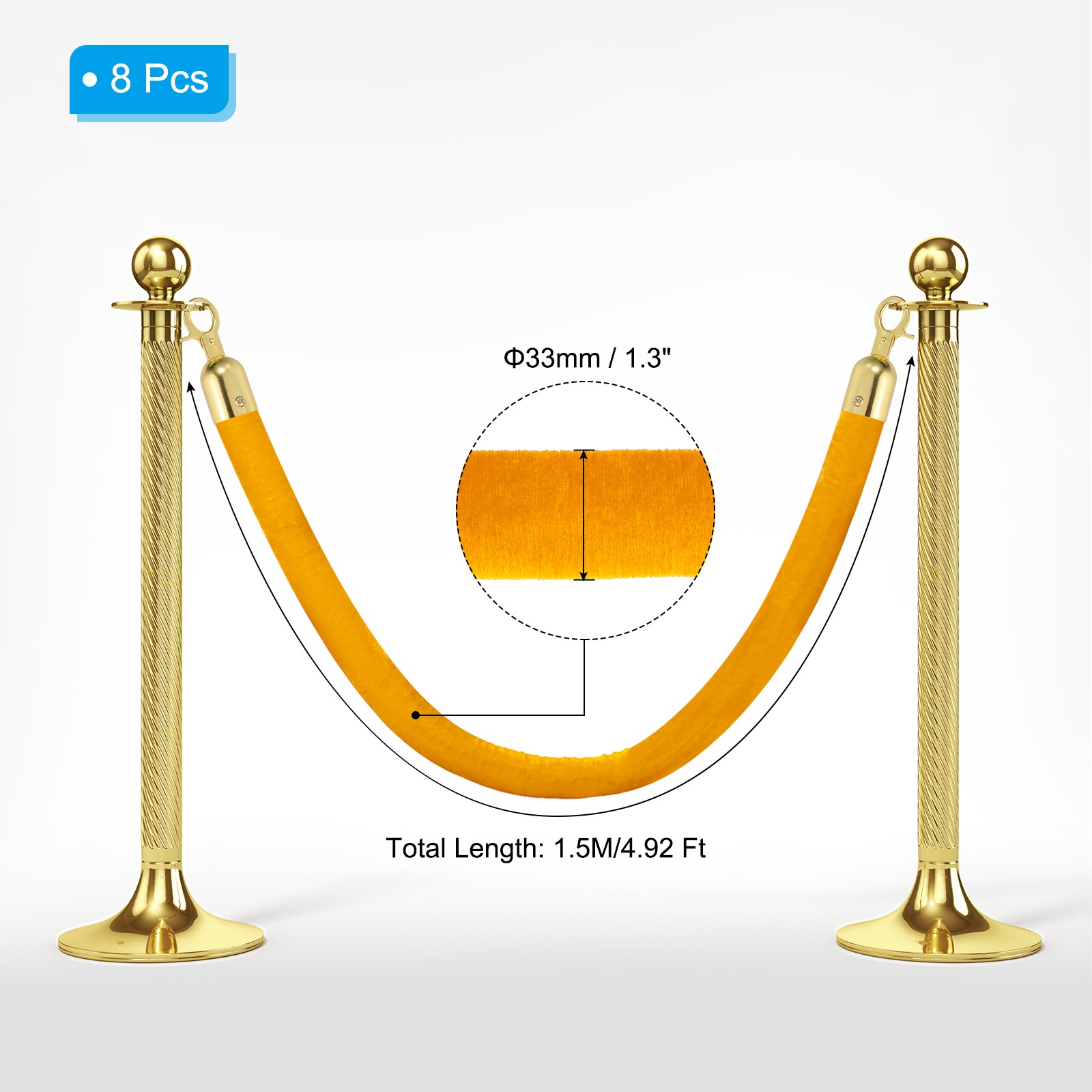 8 Pack Yellow Velvet Stanchion Rope, 5 Ft Ropes Barrier Rope with Gold Hooks