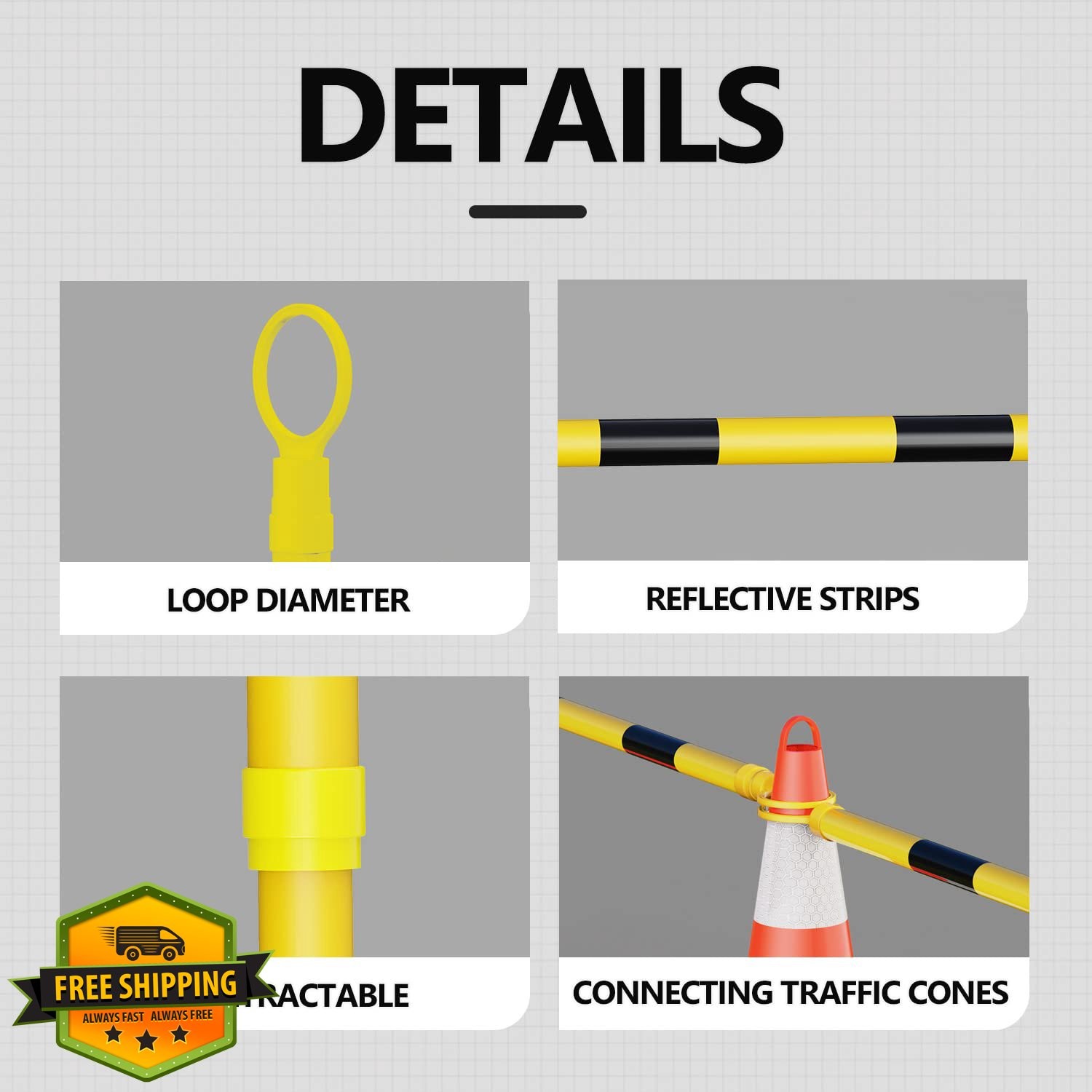 BATTIFE Traffic Cone Bar Black Yellow 10 Pack 4-6.9ft