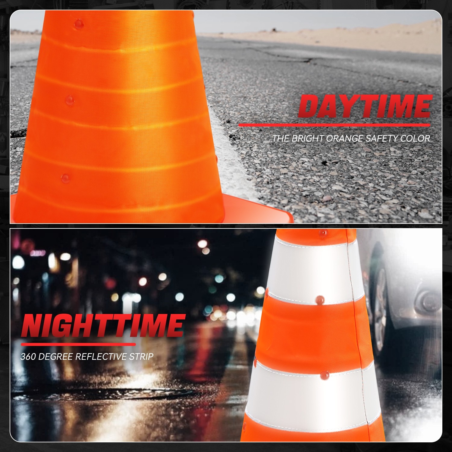 18in Orange Reflective Collars Collapsible Traffic Safety Cones for Roads 4Pack