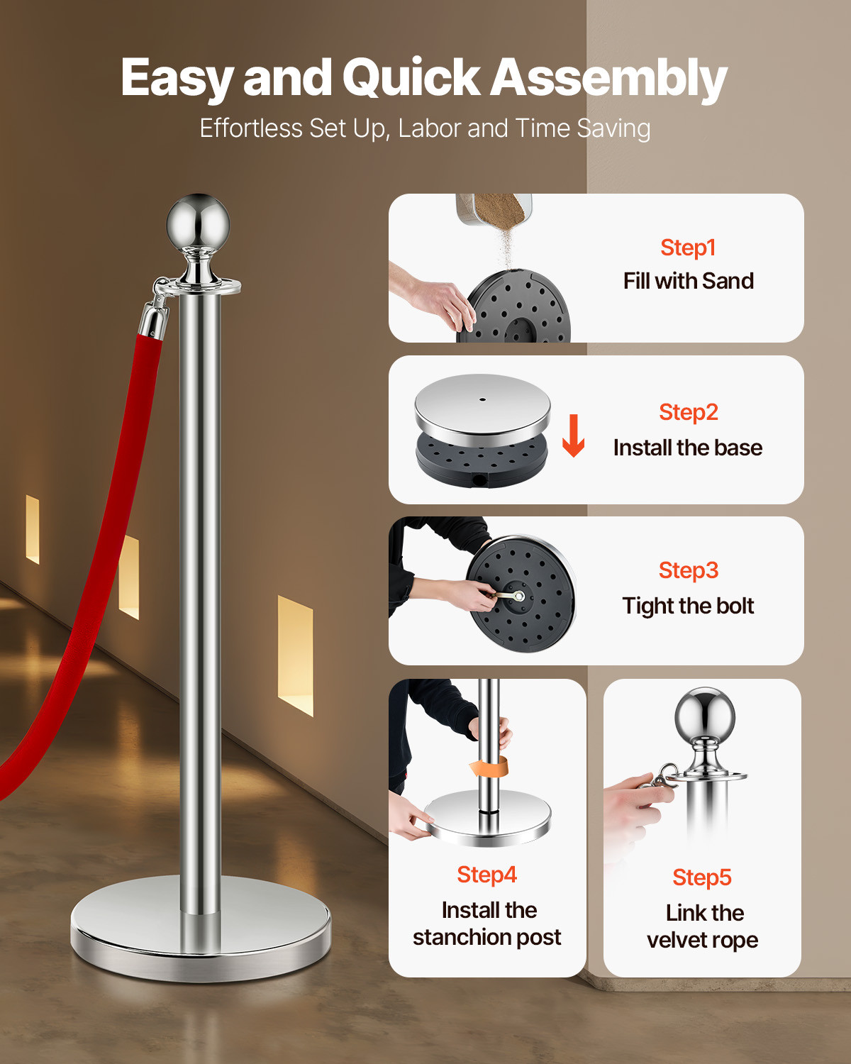 4 Pcs Silver Stanchion Post 2 Red Velvet Ropes Sand Injection Hollow Base