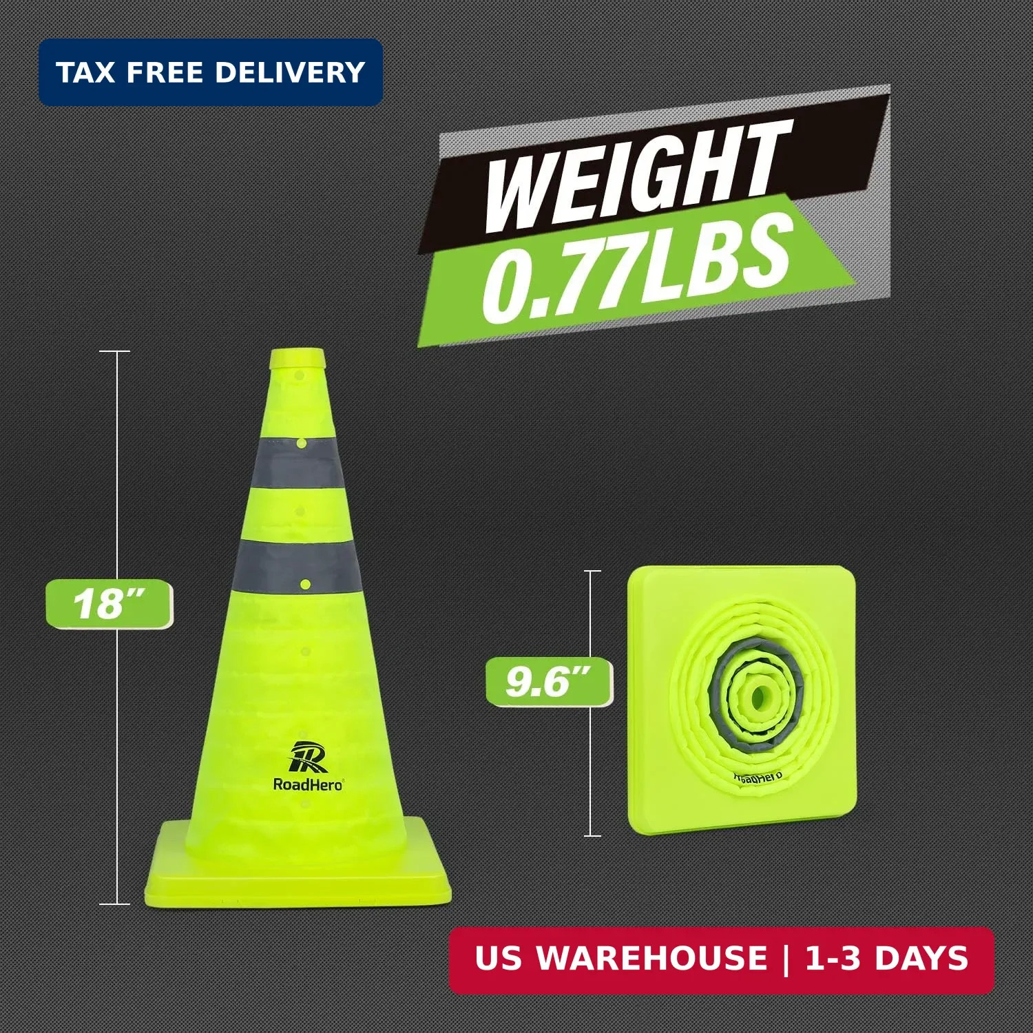 RoadHero 18 Inch 4 Pack Collapsible Traffic Safety Cones, Lime Green Pop-up Cone
