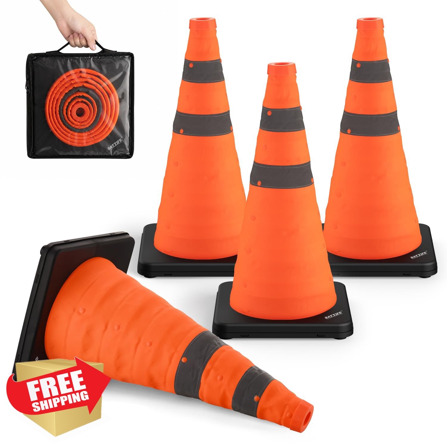 BATTIFE 4 Pack 18inch Orange Traffic Cones