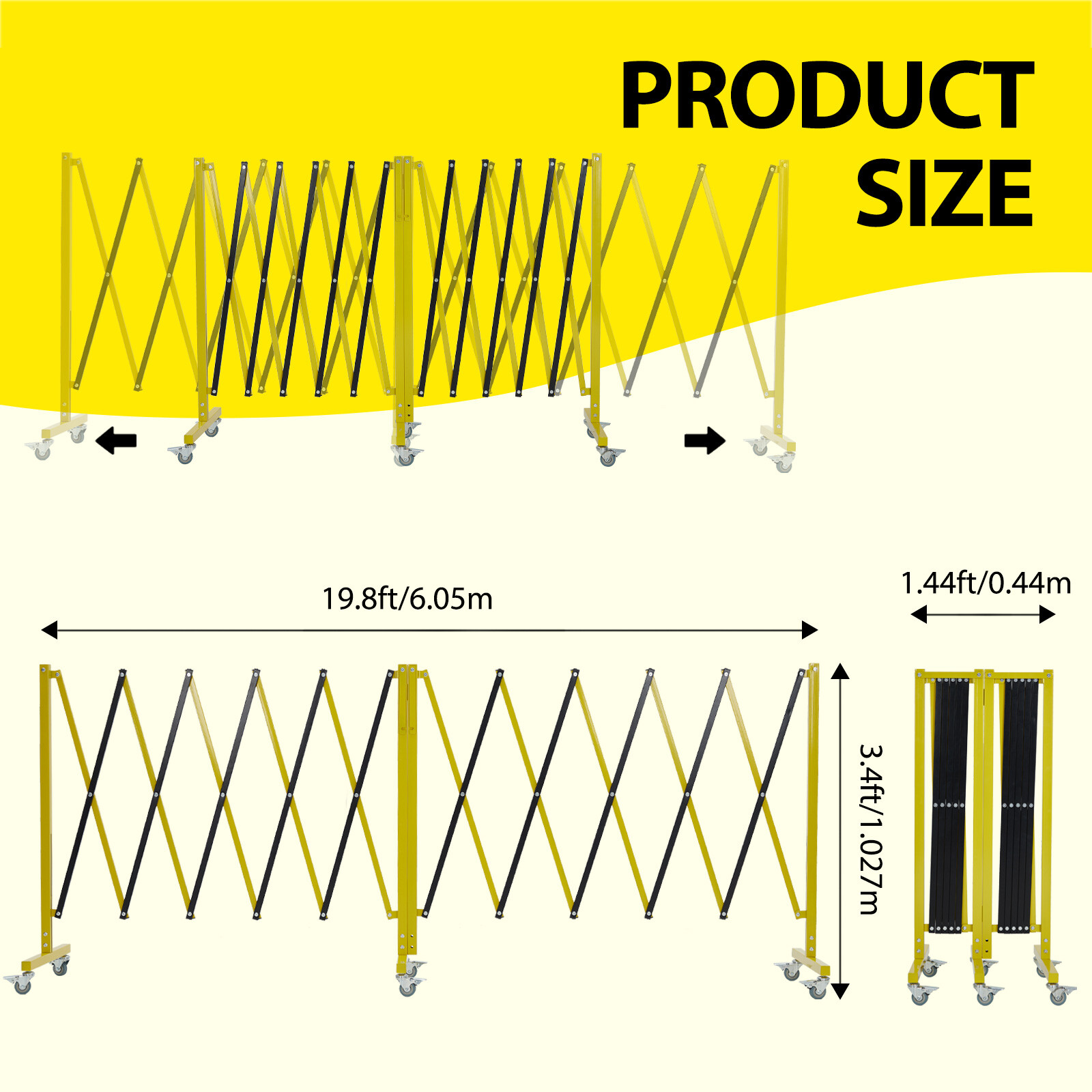 19.8×3.4FT Expandable Metal Barricade Traffic Fence Safety Barrier Gate w/Caster