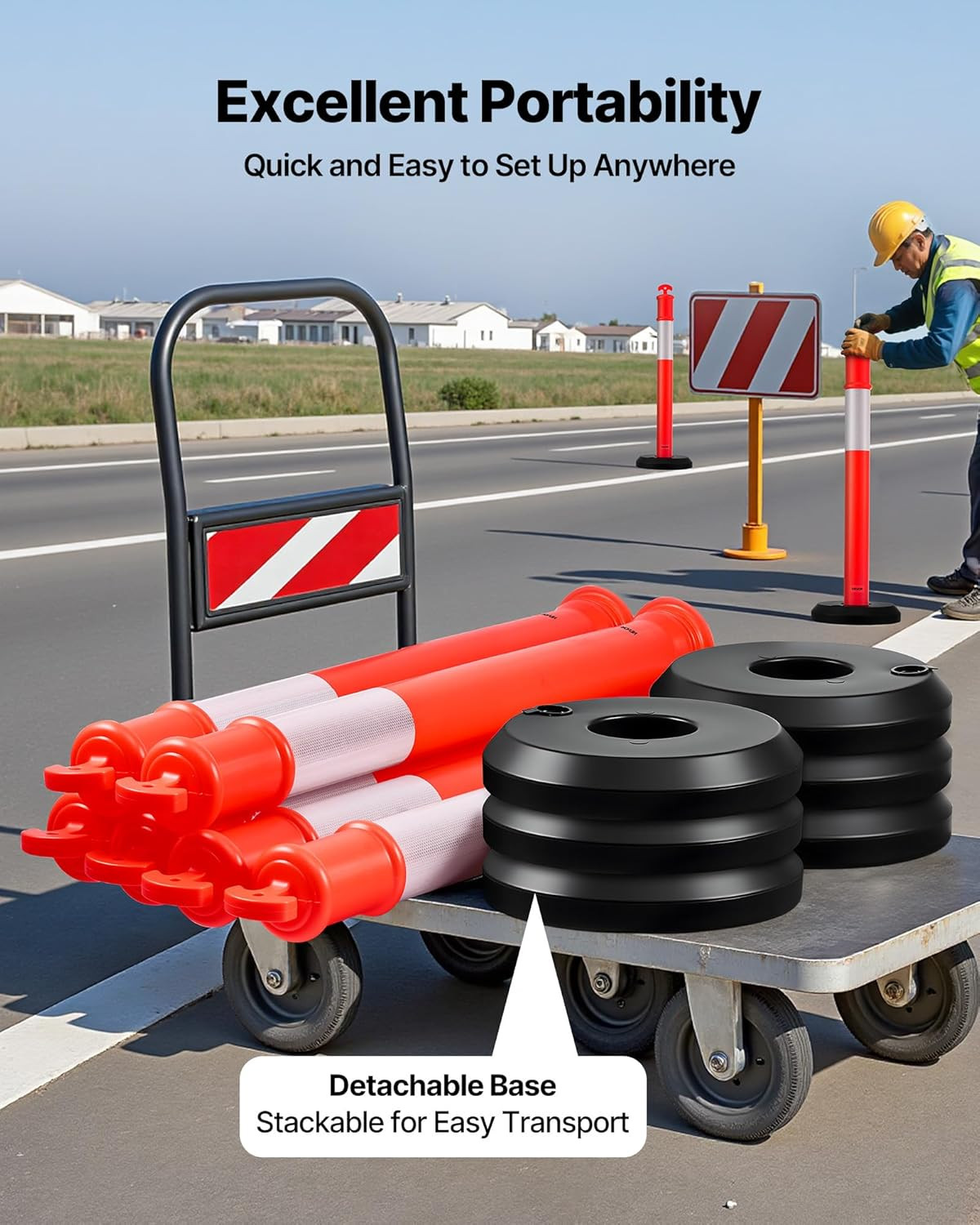 9 Pack 45″ Heavy Duty Traffic Delineator Posts with Reflective Strips – Red