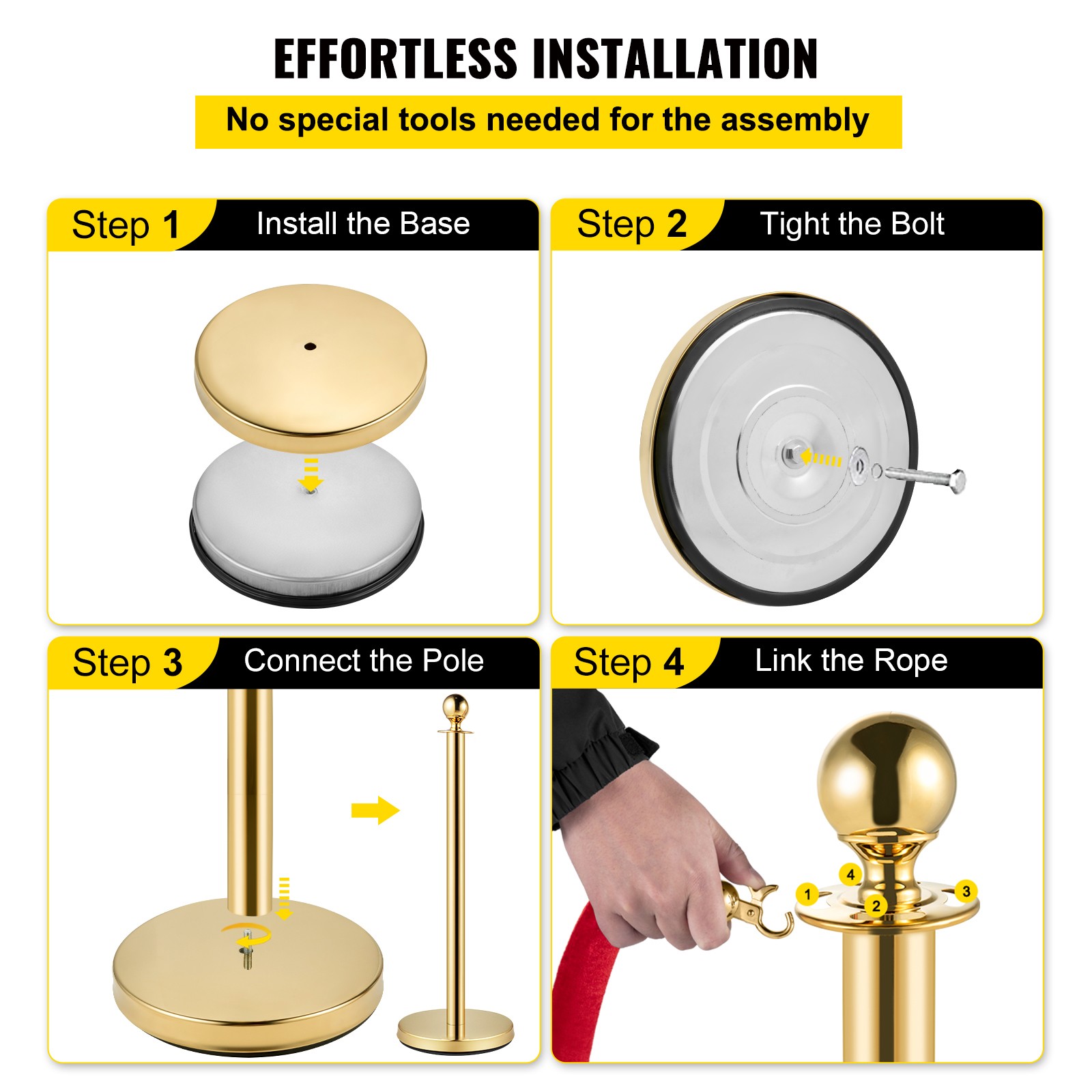 VEVOR Velvet Ropes and Posts Gold Stanchion 5ft/1.5m Crowd Control Barriers 6PCS