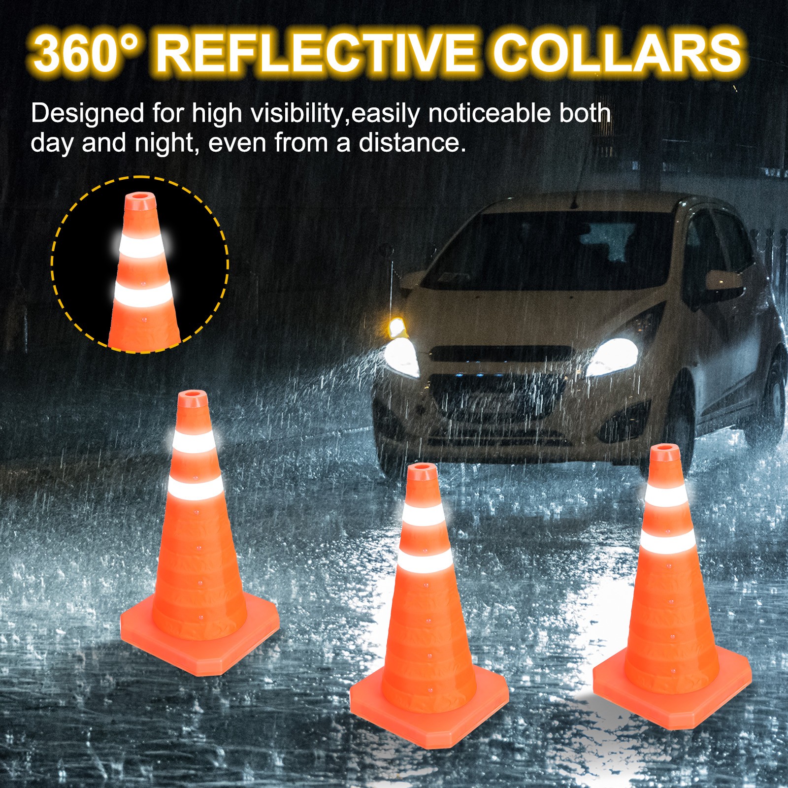 18″ Collapsible Traffic Cones, Safety Cones with Reflective Collar