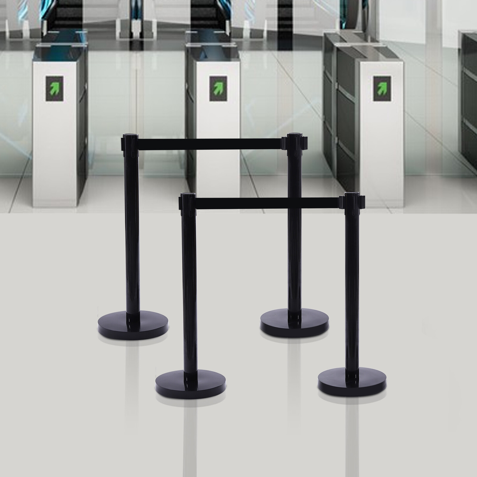 4Pcs Crowd Control Barrier Queue Poles Black Retractable Belt Stanchion Posts