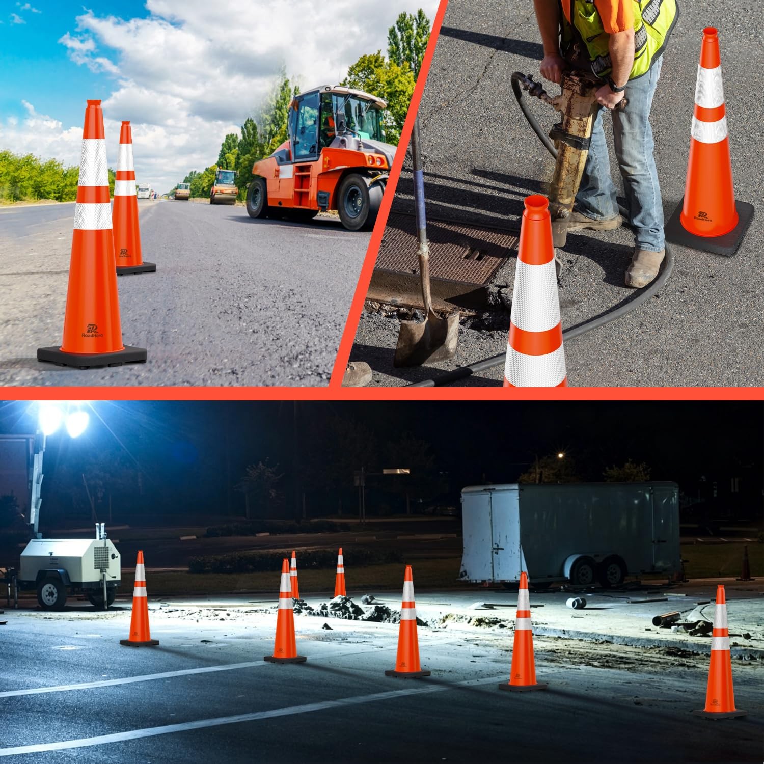 (4 Pack) Traffic Safety Cones 36 Inch with Black Weighted Base, Plastic PVC Cone