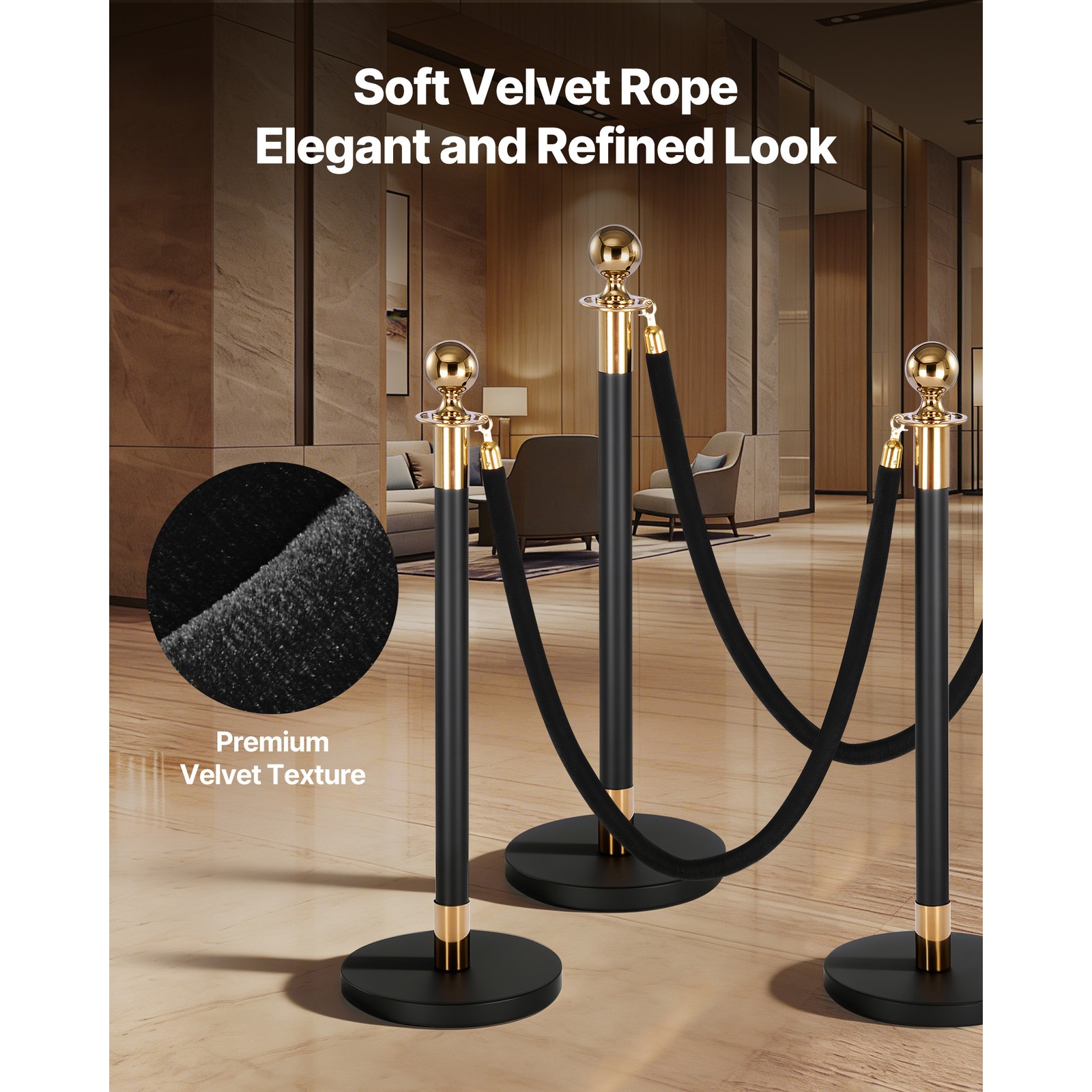 Uimoso 4 Pcs Black Velvet Barrier Ropes 5 ft with Gold Hooks for Stanchion Posts