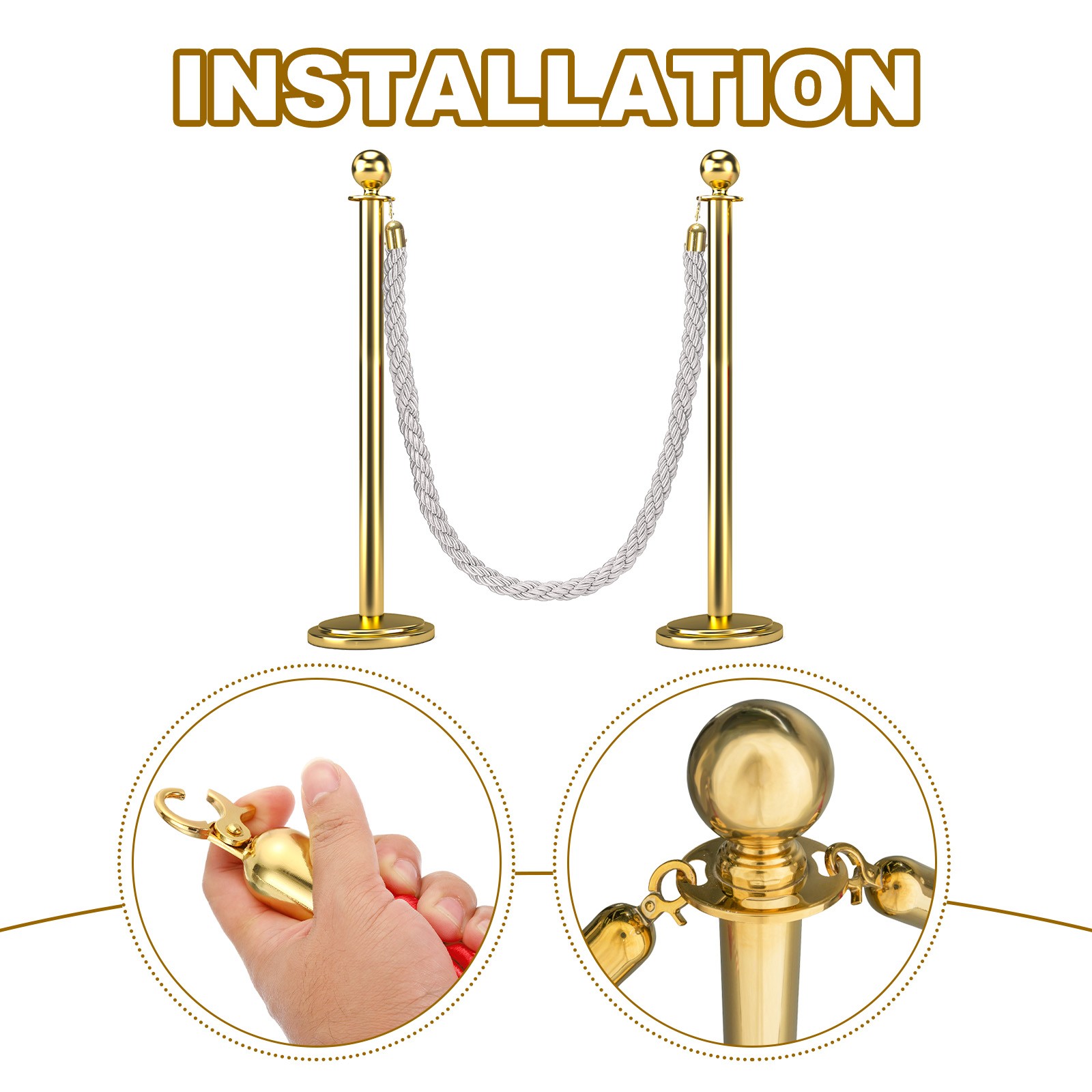6.6 Ft/2 m Twisted Stanchion Rope Barrier Rope with Hooks White Golden
