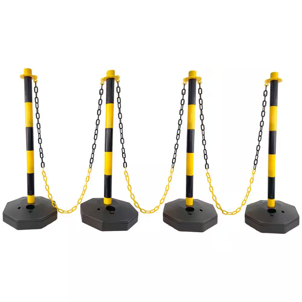 4-Pack Yellow/Black Plastic Safety Barrier Post W/Fillable Base,5Ft Plastic Chai