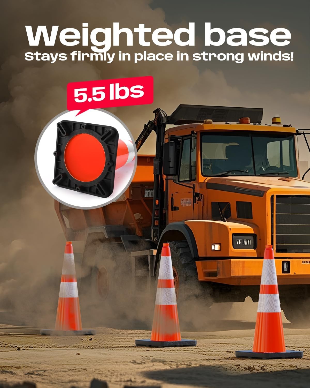 28 Inch Traffic Cones with Black Weighted Base, PVC Orange Safety Cones for Traf