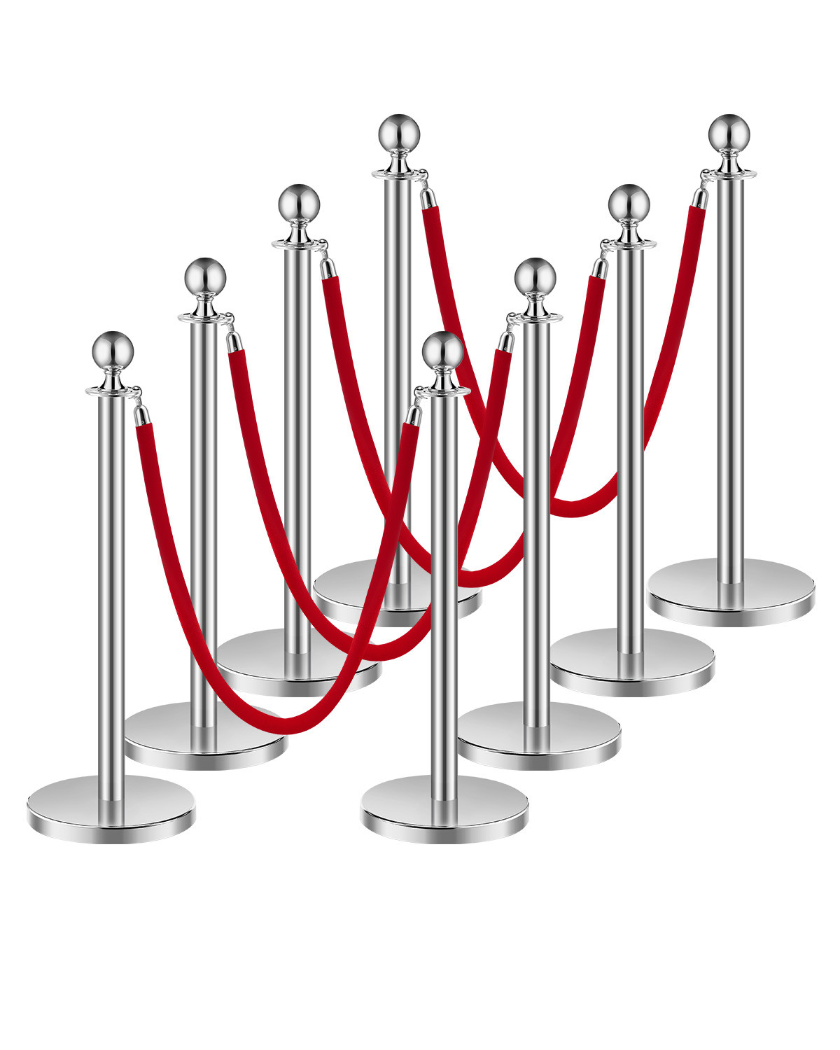 8 Pcs Silver Stanchion Post 4 Red Velvet Ropes Sand Injection Hollow Base
