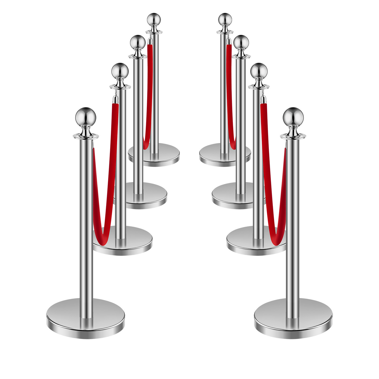 8 Pcs Silver Stanchion Post 4 Red Velvet Ropes Sand Injection Hollow Base