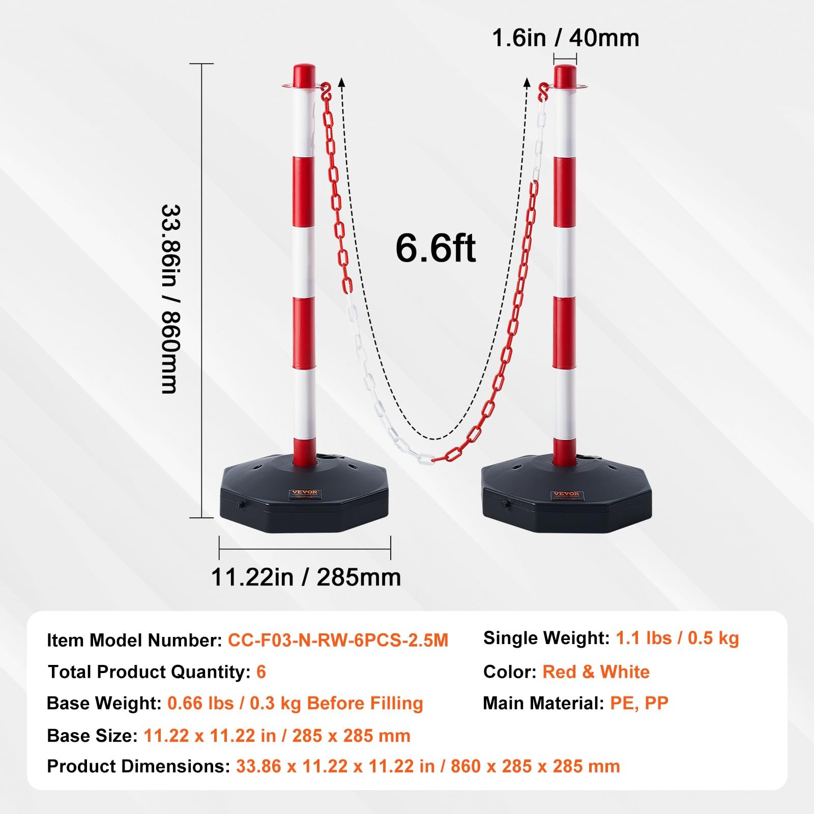Vevor Adjustable Traffic Delineator Post Red White 6 Pack Sturdy And Stable