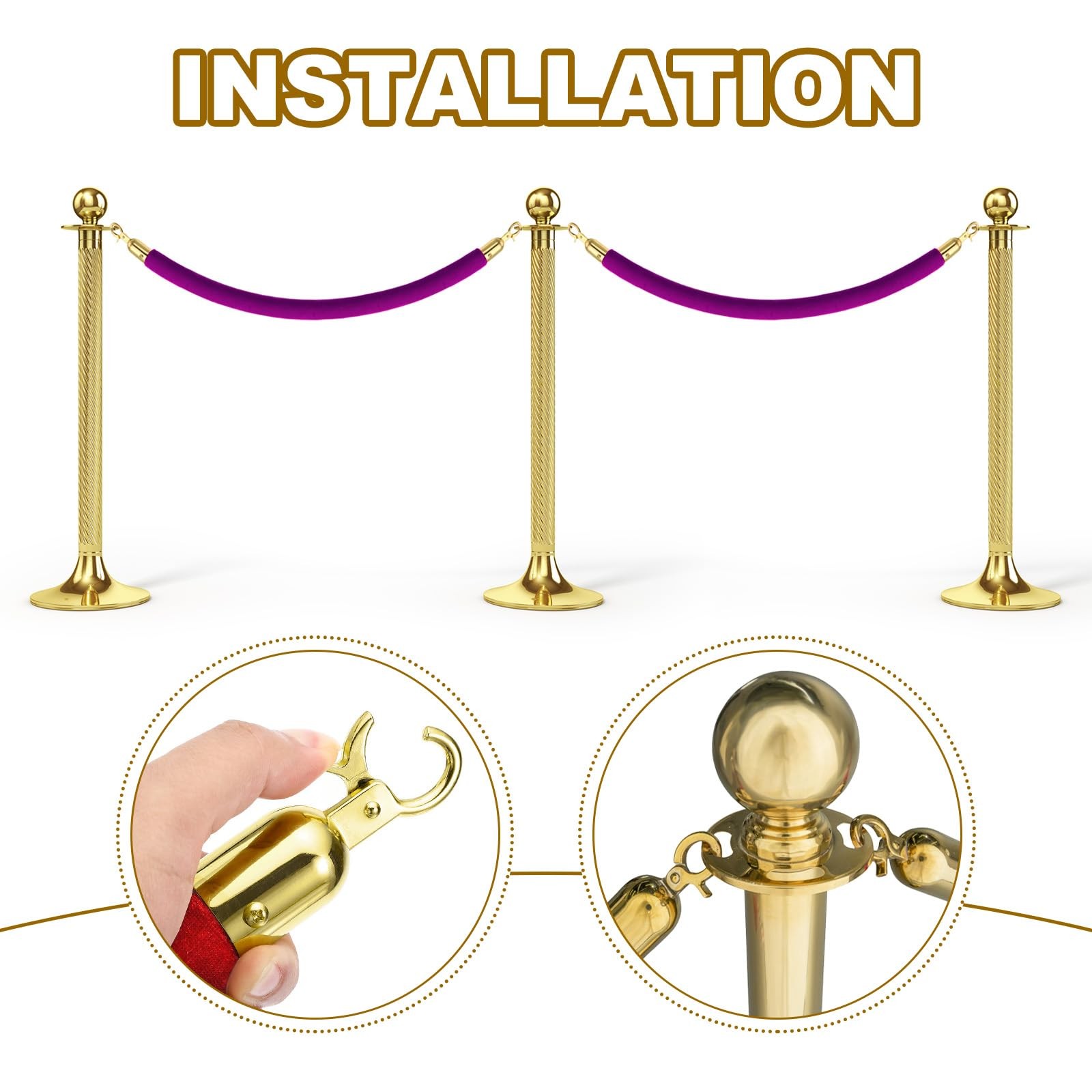 2 PCS Black Golden Velvet Stanchion Rope 6.6 FT 2M Barrier Snap Hooks Post
