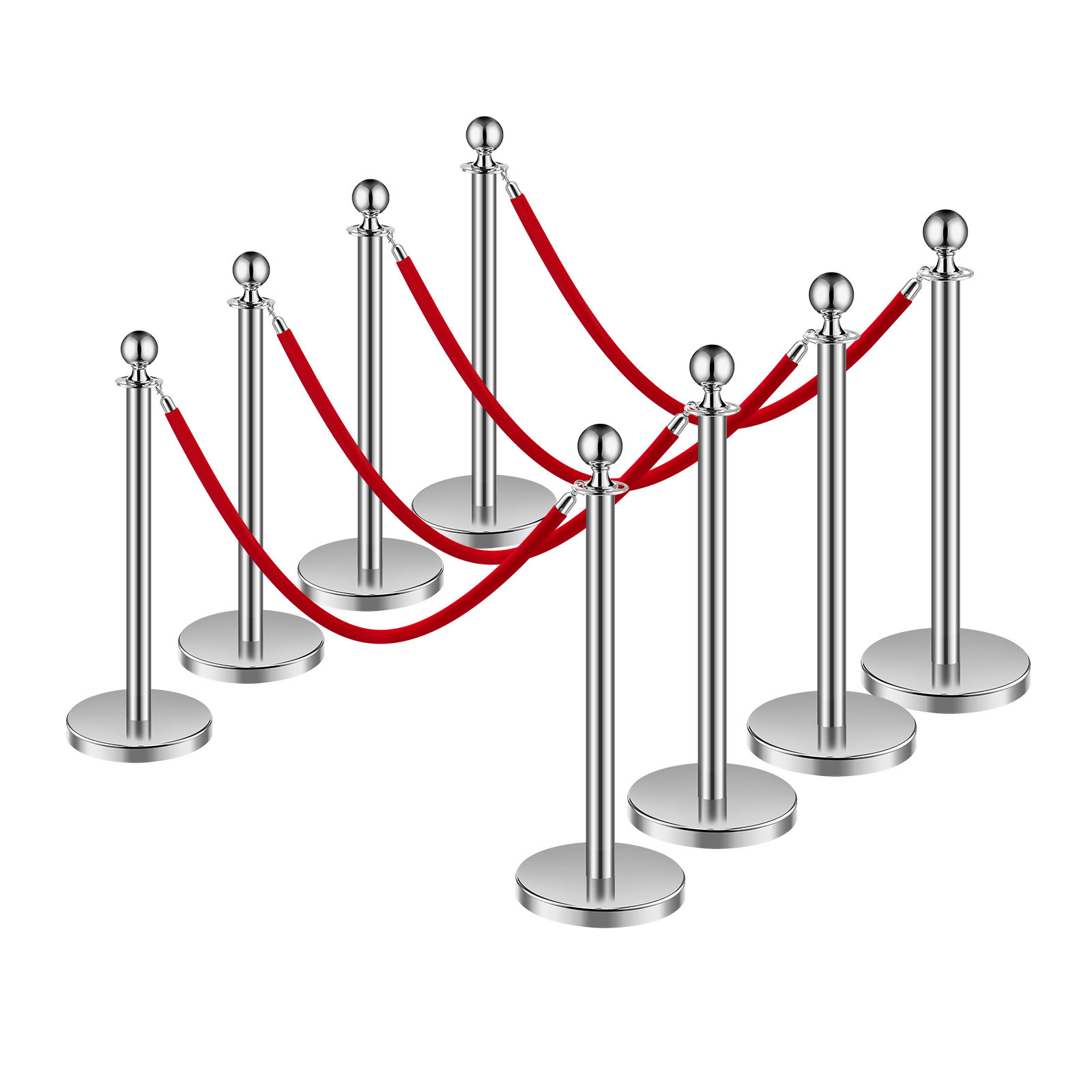 8 Pcs Silver Stanchion Post 4 Red Velvet Ropes Sand Injection Hollow Base