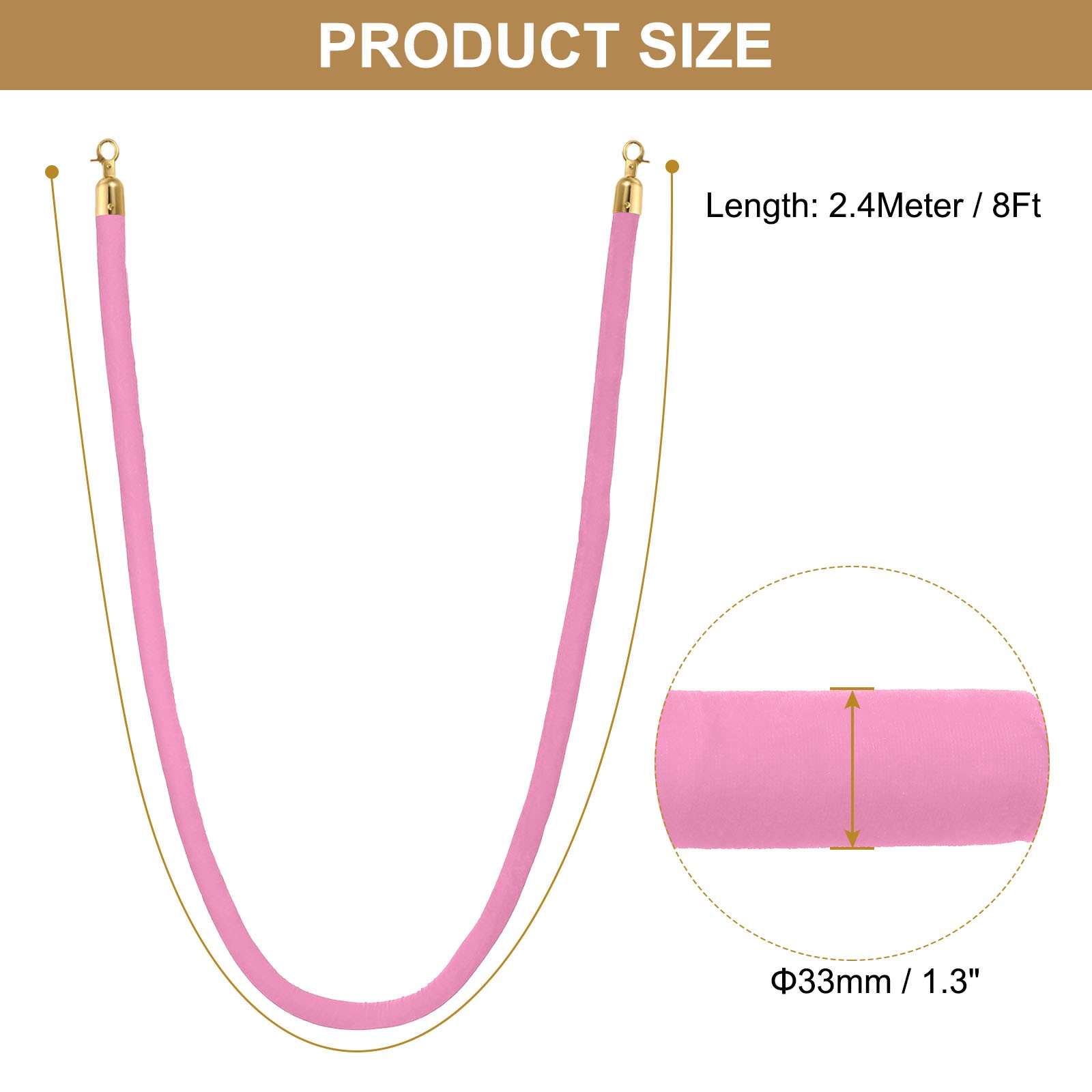 2PCS 8 Feet Pink Velvet Stanchion Rope Crowd Control Barrier Rope, Golden