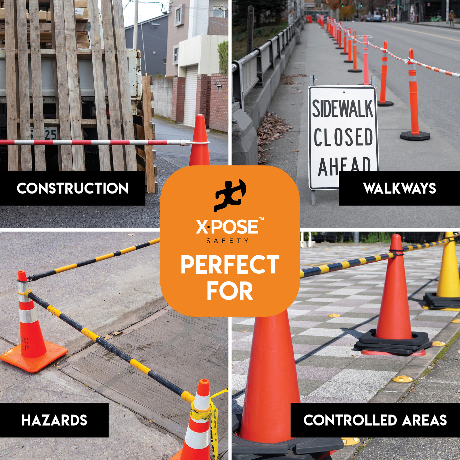 Yellow and Black Retractable Barrier for Traffic Cones – 2″ OD – 53-84″ 20 Pack