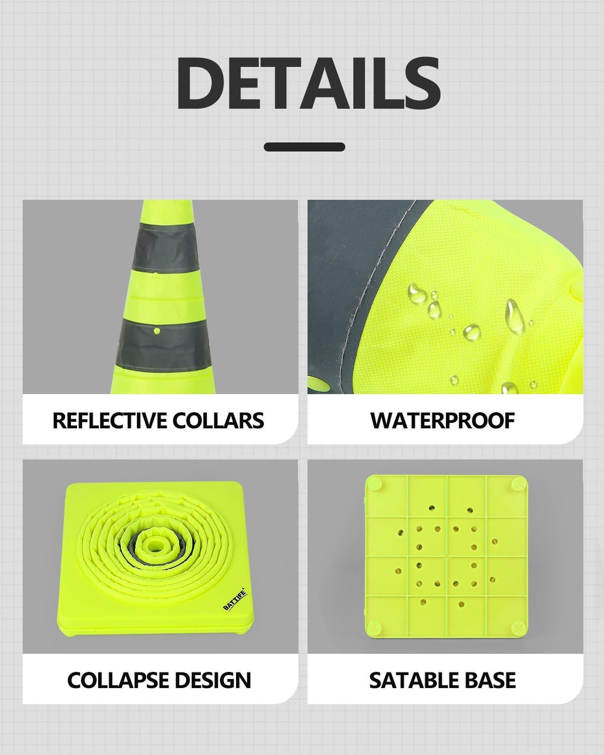 BATTIFE [4 Pack] 28 inch Collapsible Traffic Cones, Lime Green Safety Cones, Pop
