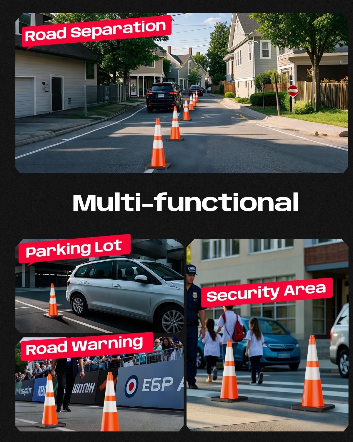 28 Inch Traffic Cones with Black Weighted Base, PVC Orange Safety Cones for Traf