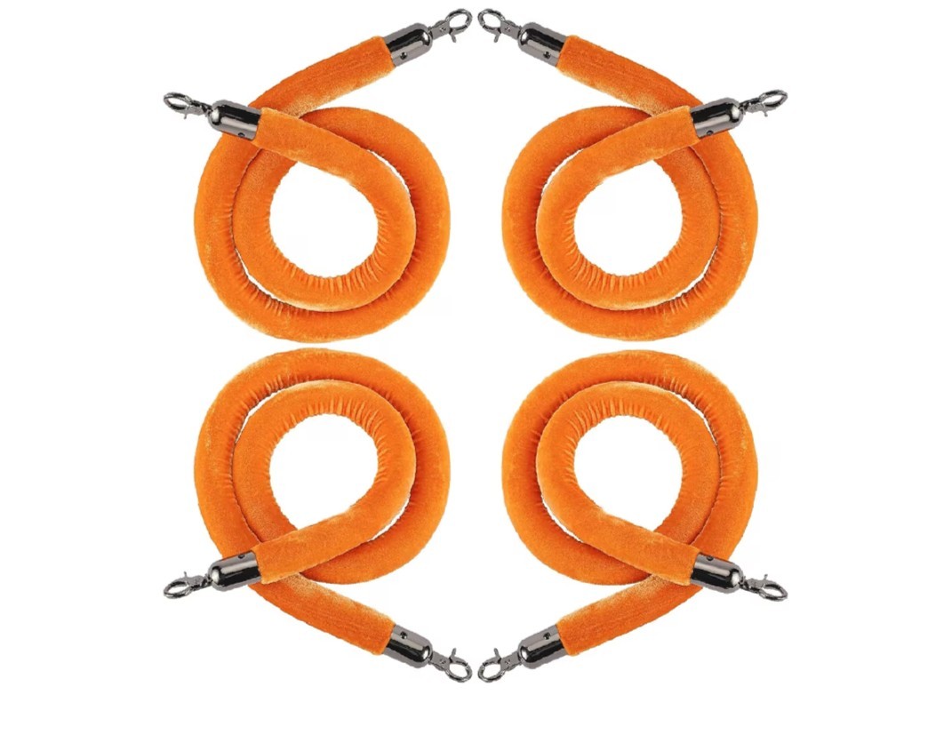NovelBee 4pcs Orange Velvet Stanchion Ropes with Black Hooks,5 Feet Stanchion Qu