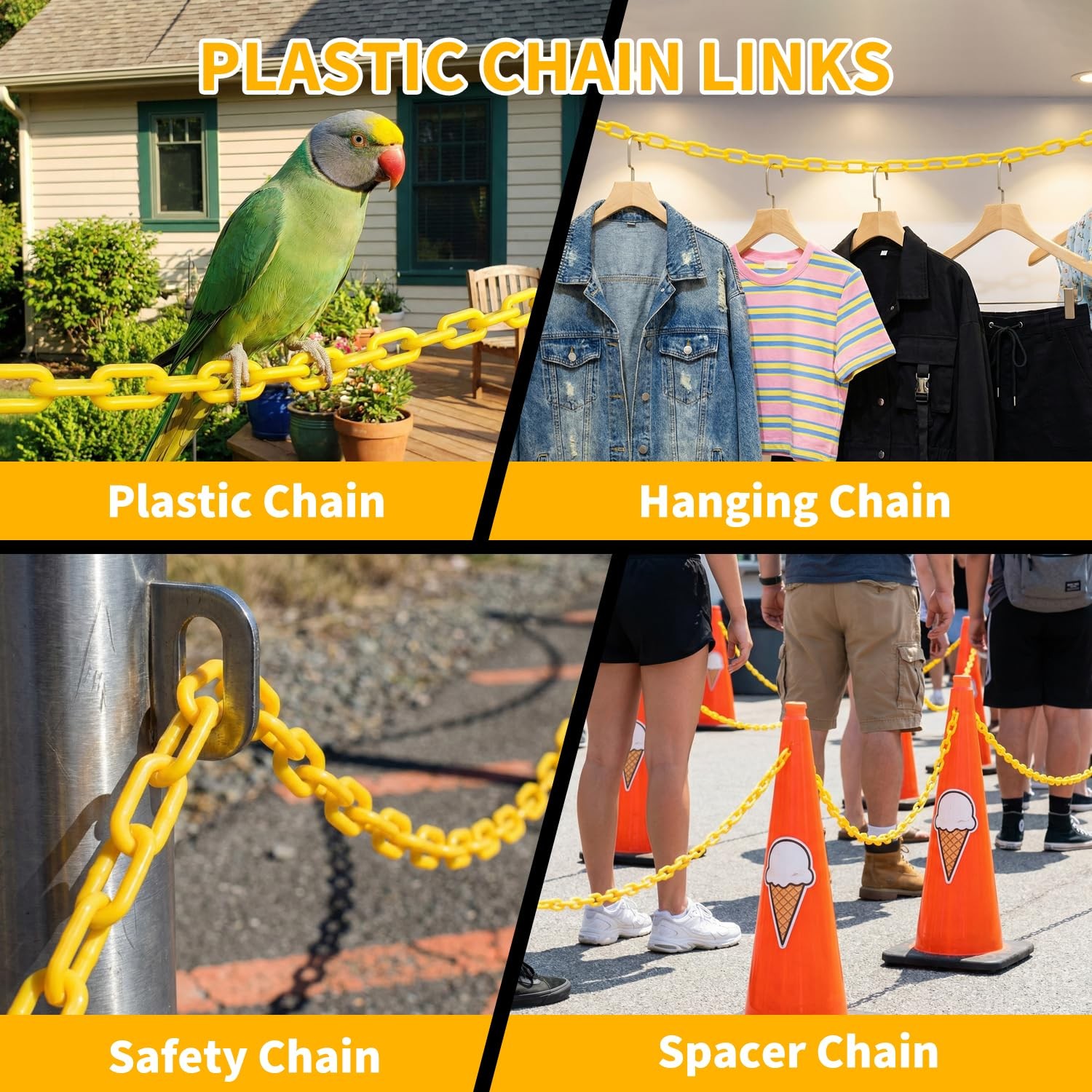 UV-Resistant Plastic Barrier Chain 240 FT w/ 50 S-Hooks for Indoor Outdoor