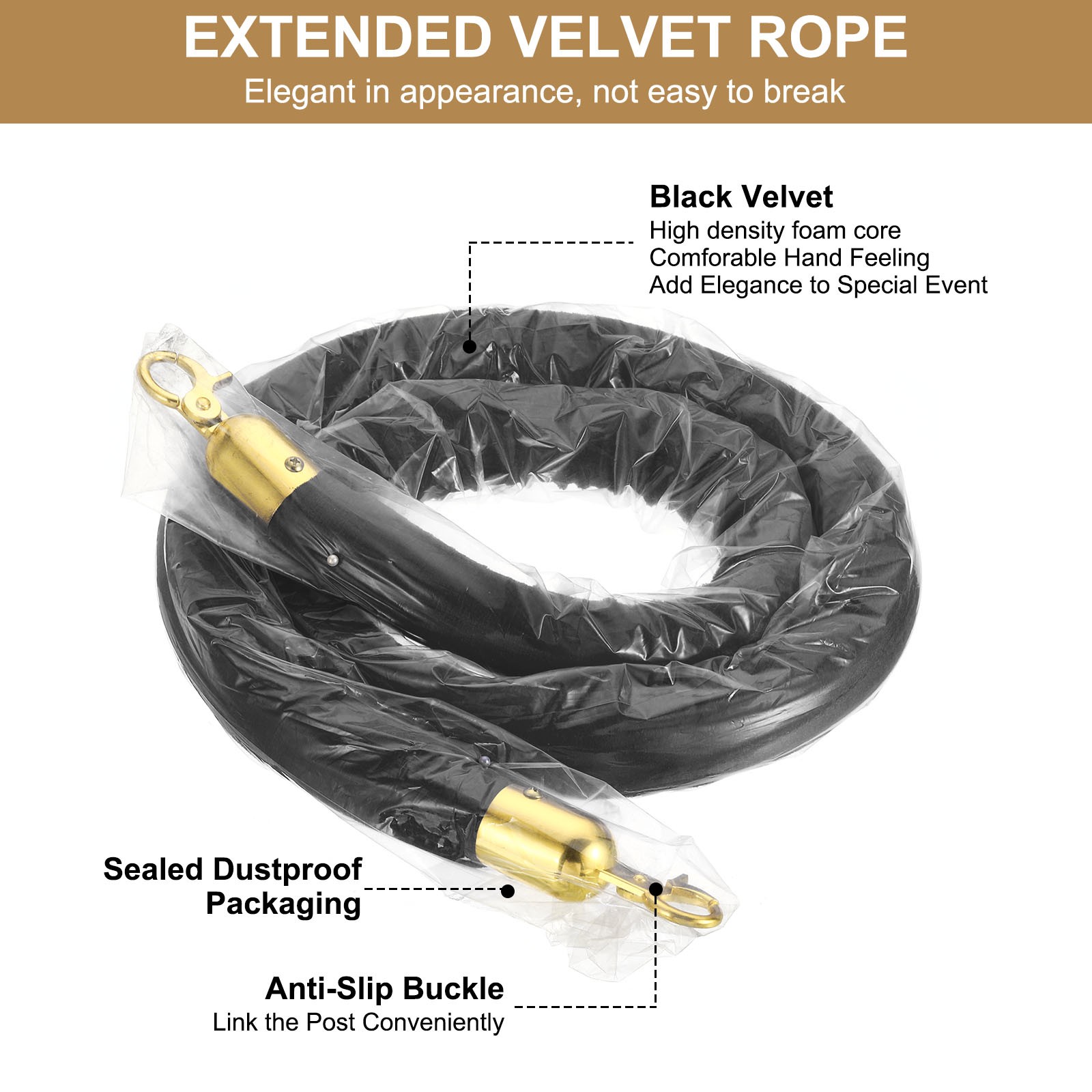 6PCS 5 Feet Black Velvet Stanchion Rope Crowd Control Barrier Rope, Golden