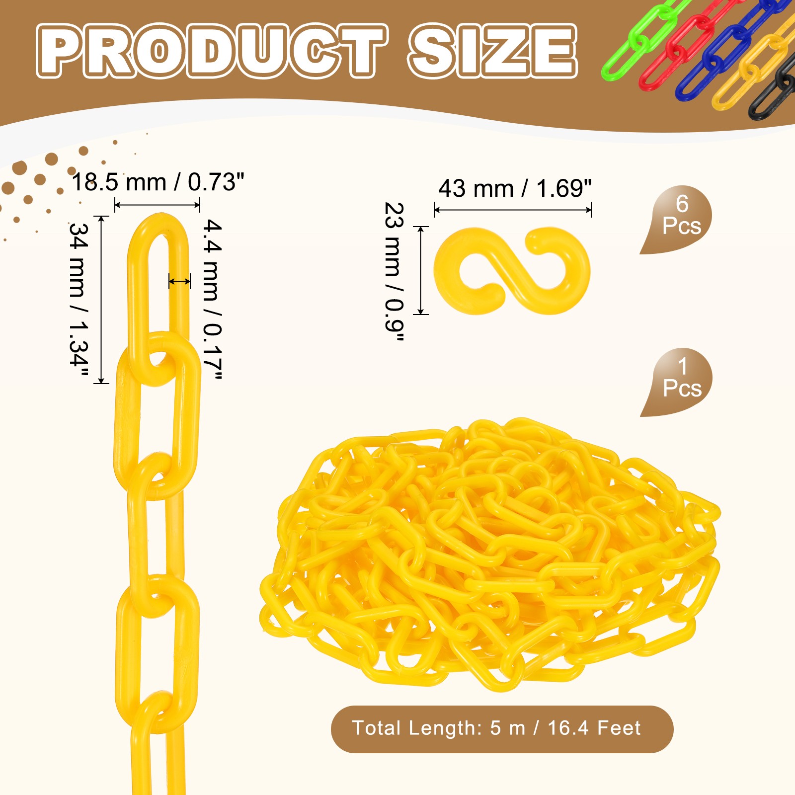 Barrier Chain, (16.4ft 0.7″ Dia., Yellow), Plastic Safety Chain Links W S Hooks