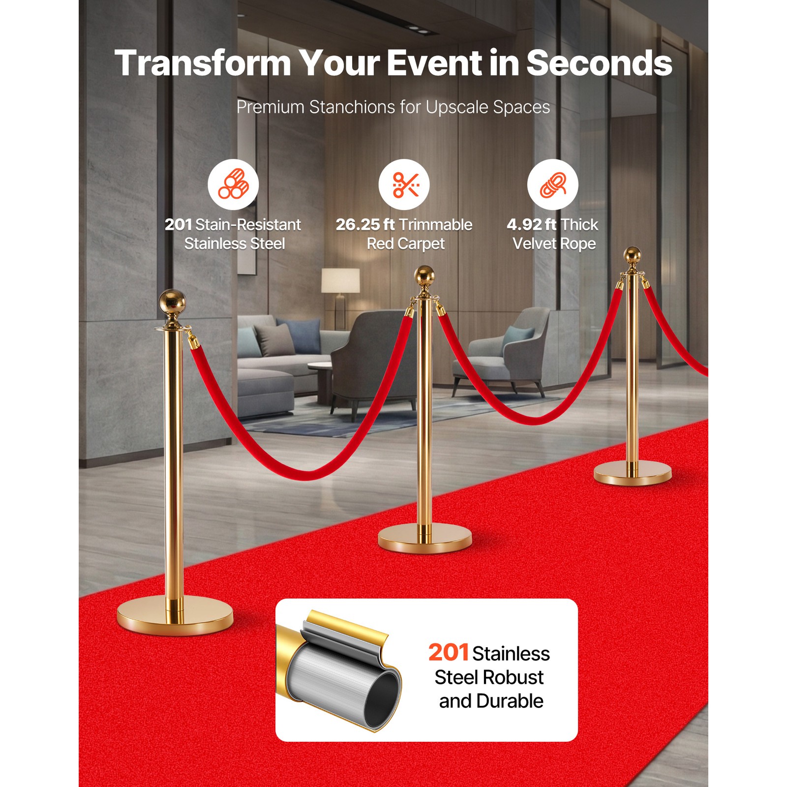 Uimoso 6PCS Gold Stanchion Post Set with Red Carpet & 4 Velvet Ropes Hollow Base