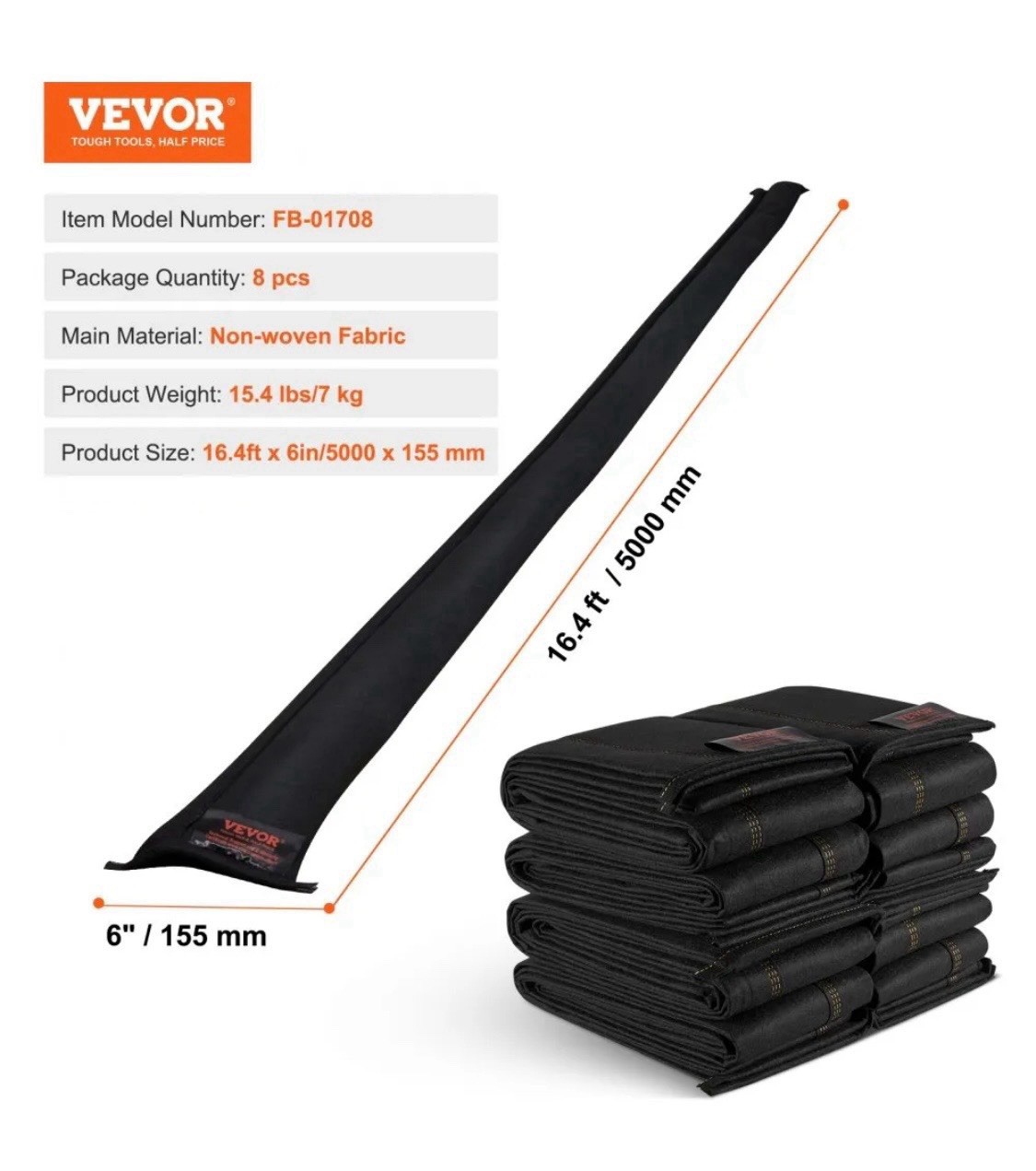 VEVOR Flood Barriers, Water Activated Dam Bags 8-Pack – 16.4ft x 6in each