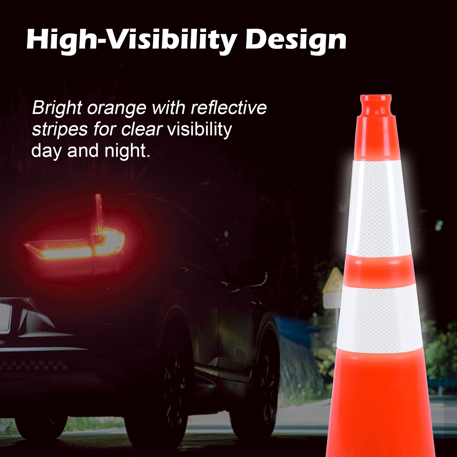 8PCS 28inch Orange Black Base Flexible PVC Traffic Cones with Reflective Collar