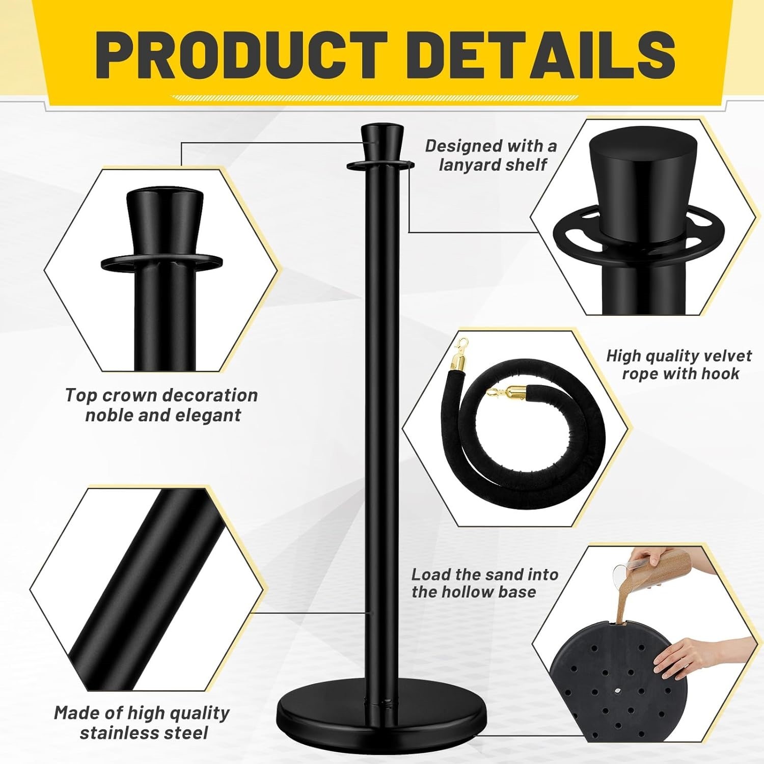 4PC 38″ Stainless Steel Stanchion Posts w/3PC Velvet Ropes Black