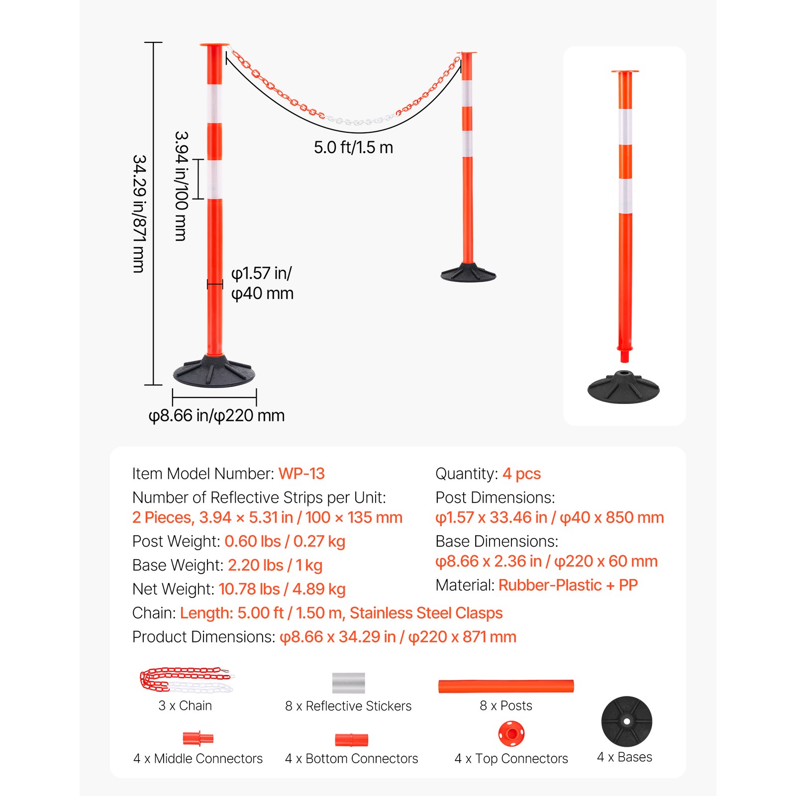 Uimoso 4-Pack Traffic Delineator Posts 34 in Safety Cones Weighted Base & Chains