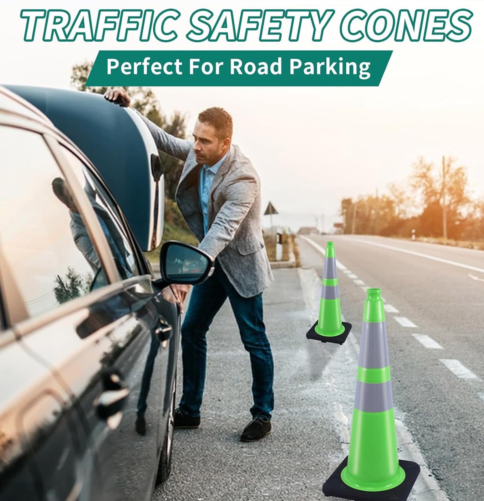 BESEA 8Pack 28″ inch Traffic Cones Green Safety Cones with 6 inch Reflective …