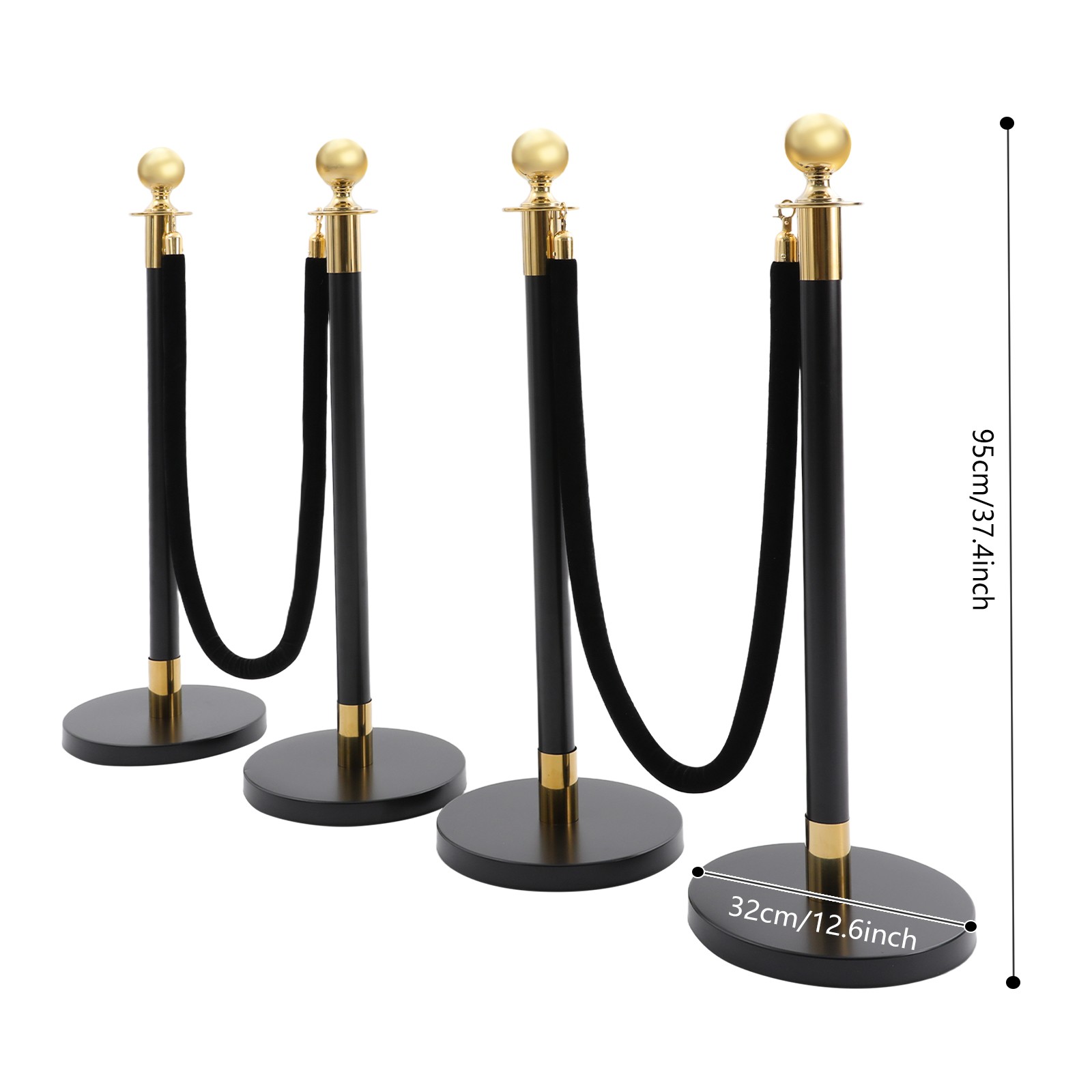 6PCS Black+Gold Stanchion Posts Queue Pole w/ 4 1.5M Ropes Crowd Control Barrier
