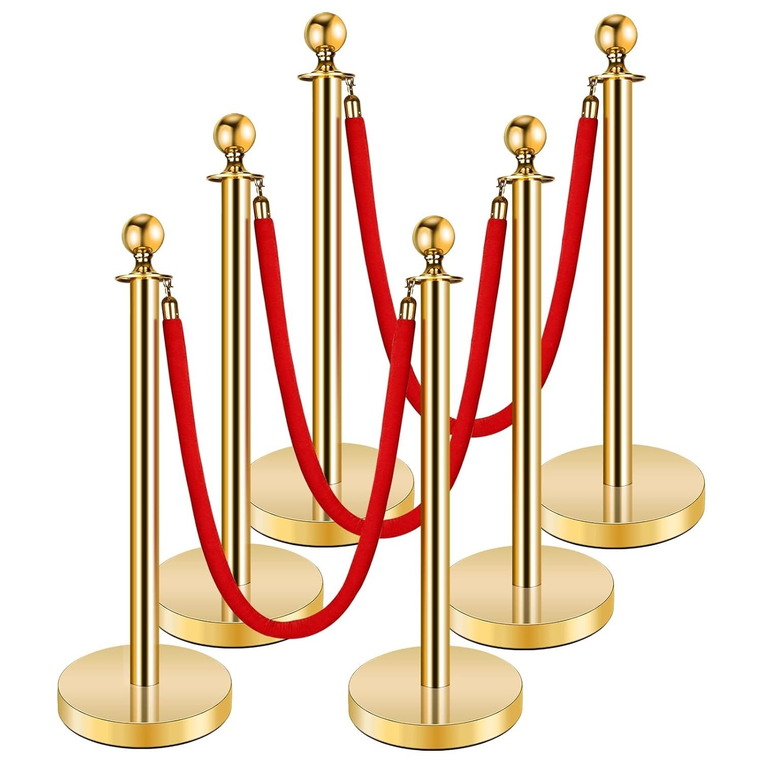 6 Pack Stainless Steel Hollow Base Stanchion Post w/ 5ft Velvet Ropes Gold