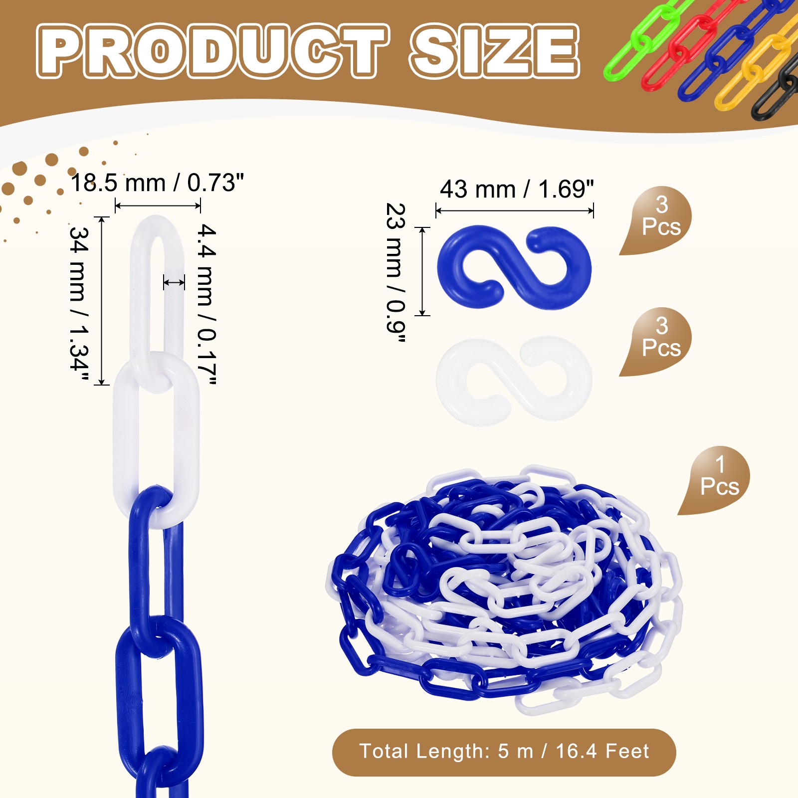 Barrier Chain, (16.4ft 0.7″ Dia., Blue/White), Safety Chain Link W S Hook