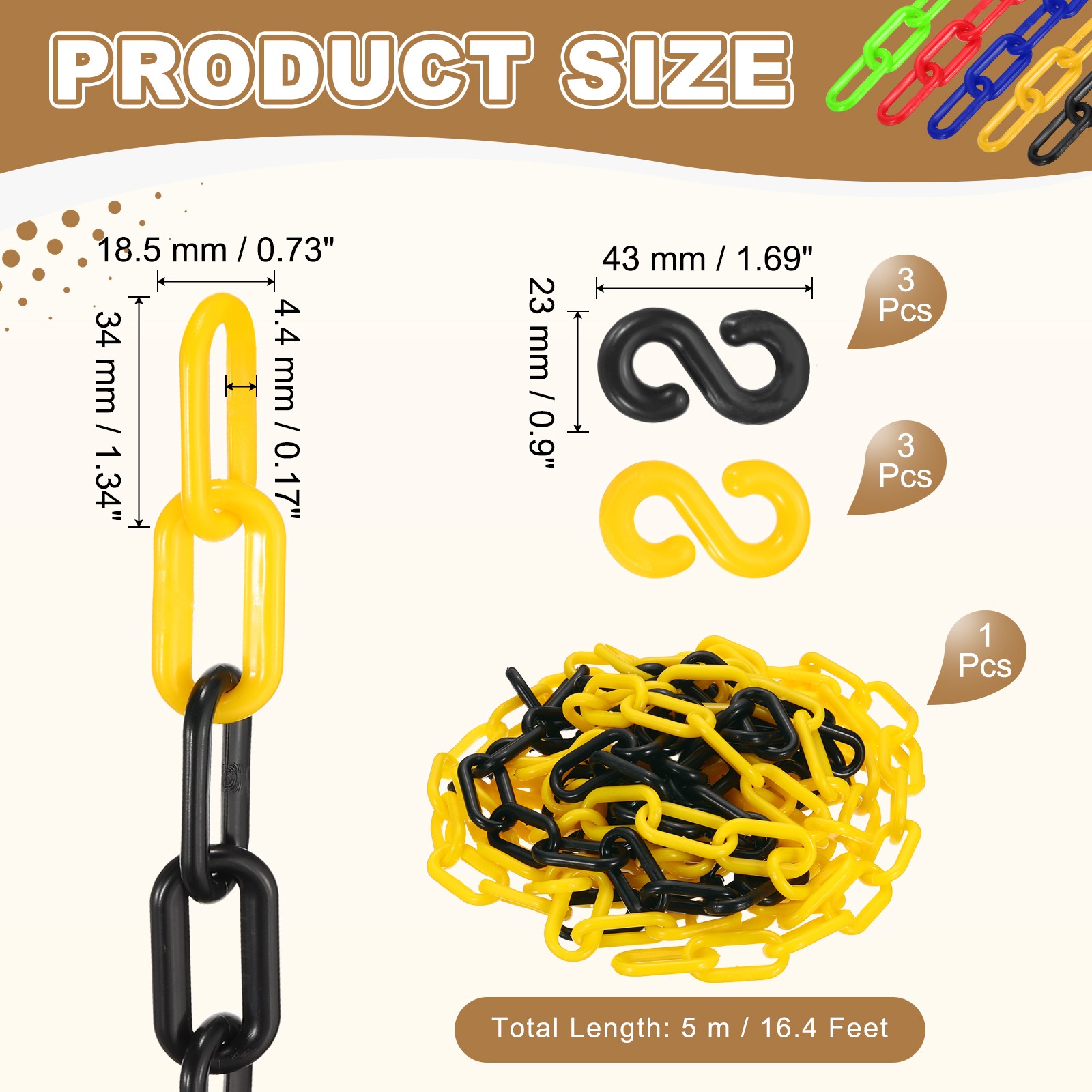 Barrier Chain, (16.4ft 0.7″ Dia., Yellow/Black), Safety Chain Link W S Hook