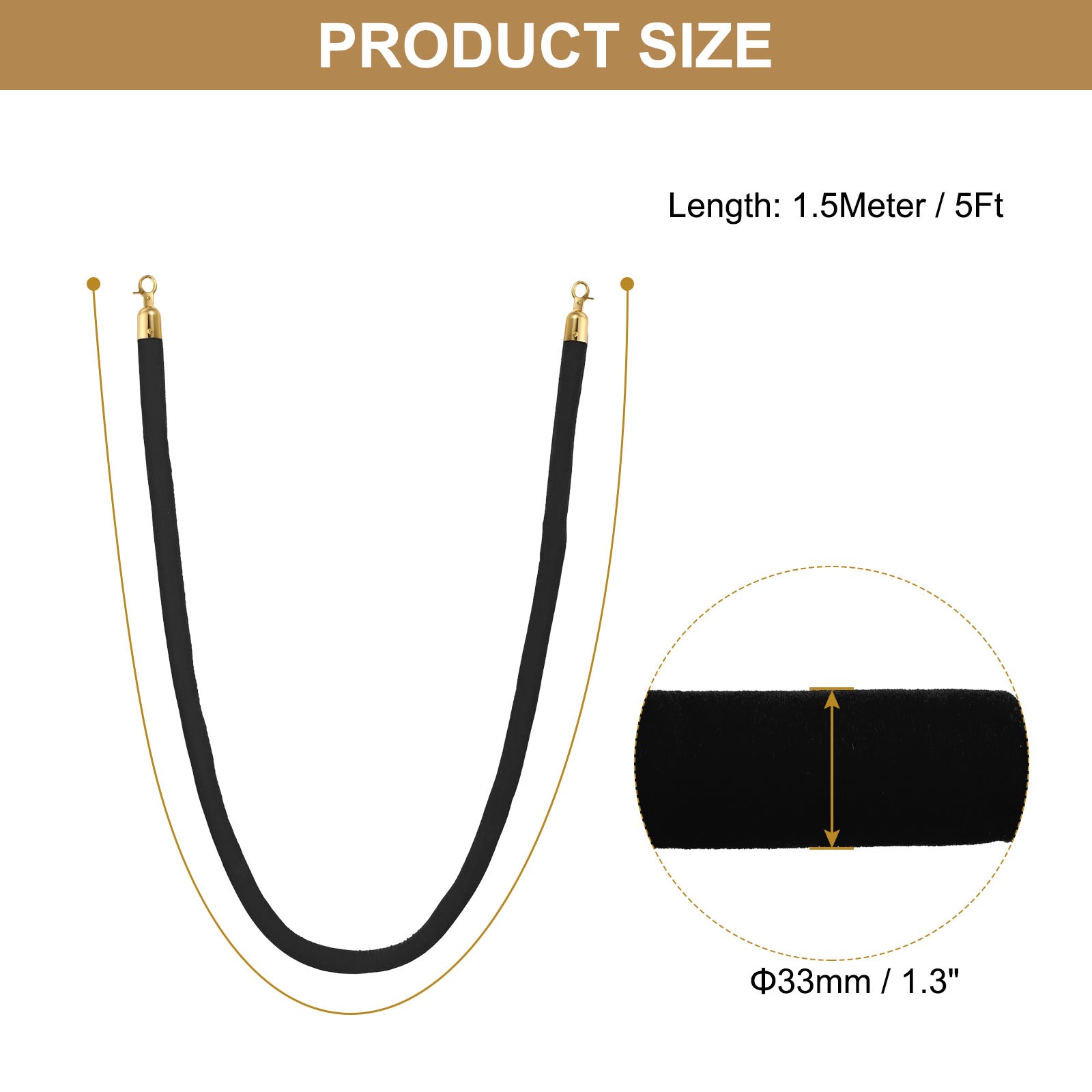 6PCS 5 Feet Black Velvet Stanchion Rope Crowd Control Barrier Rope, Golden