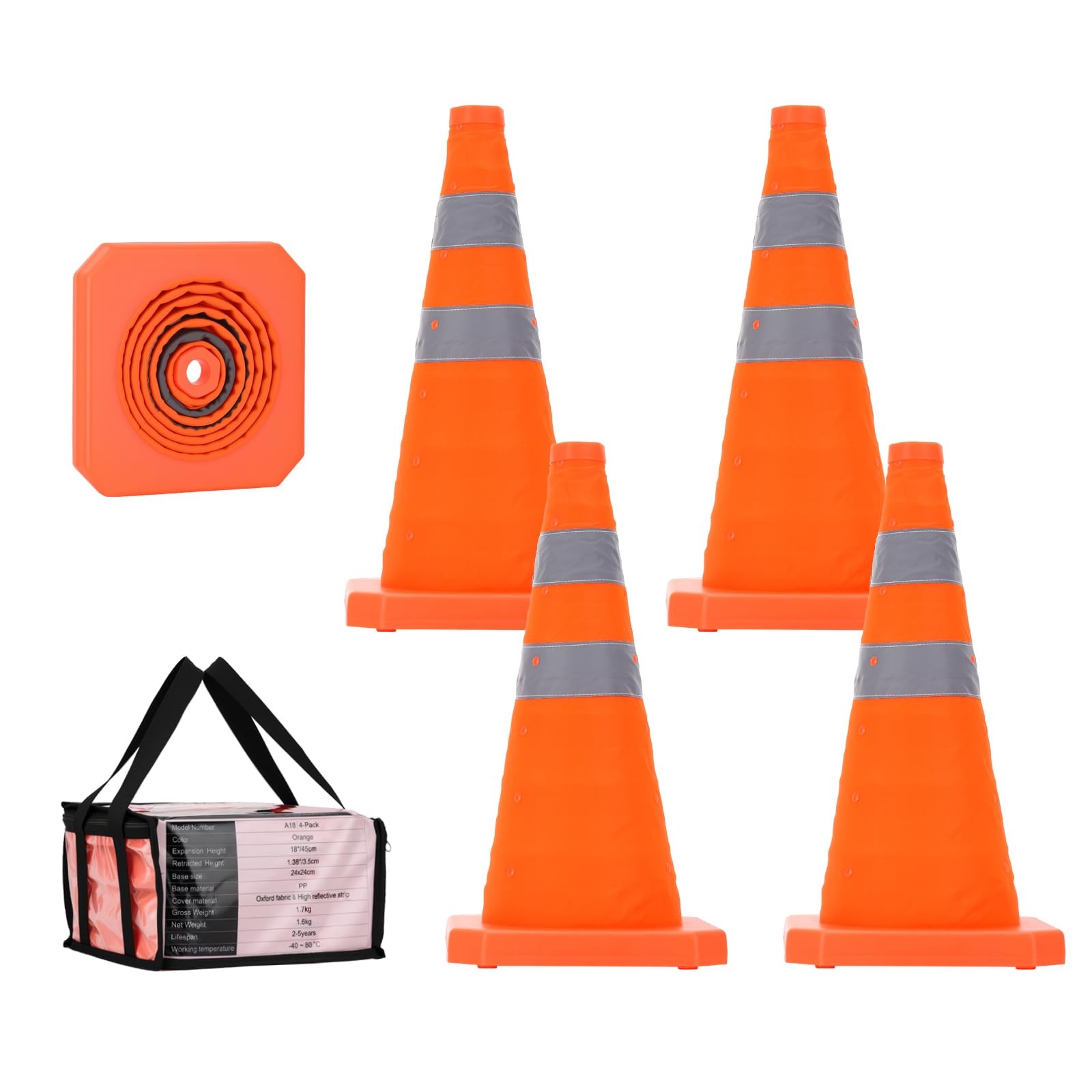 Roastove18 Inch 4 Pack Collapsible Traffic Safety Cones, Multi Purpose Pop-up…