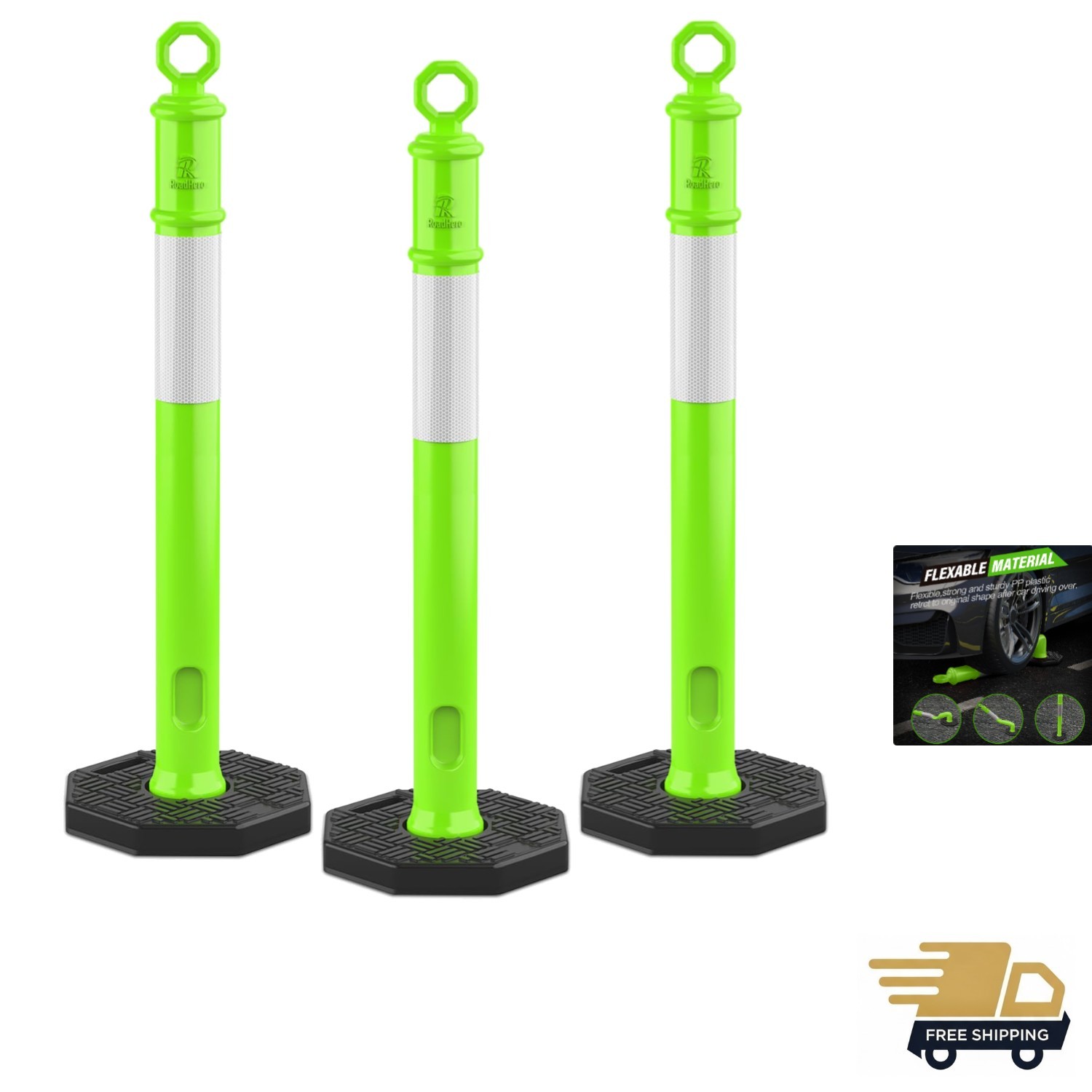 45 Inch 3 Pack Delineator Post with Base, Lime Green Traffic Delineator Posts…
