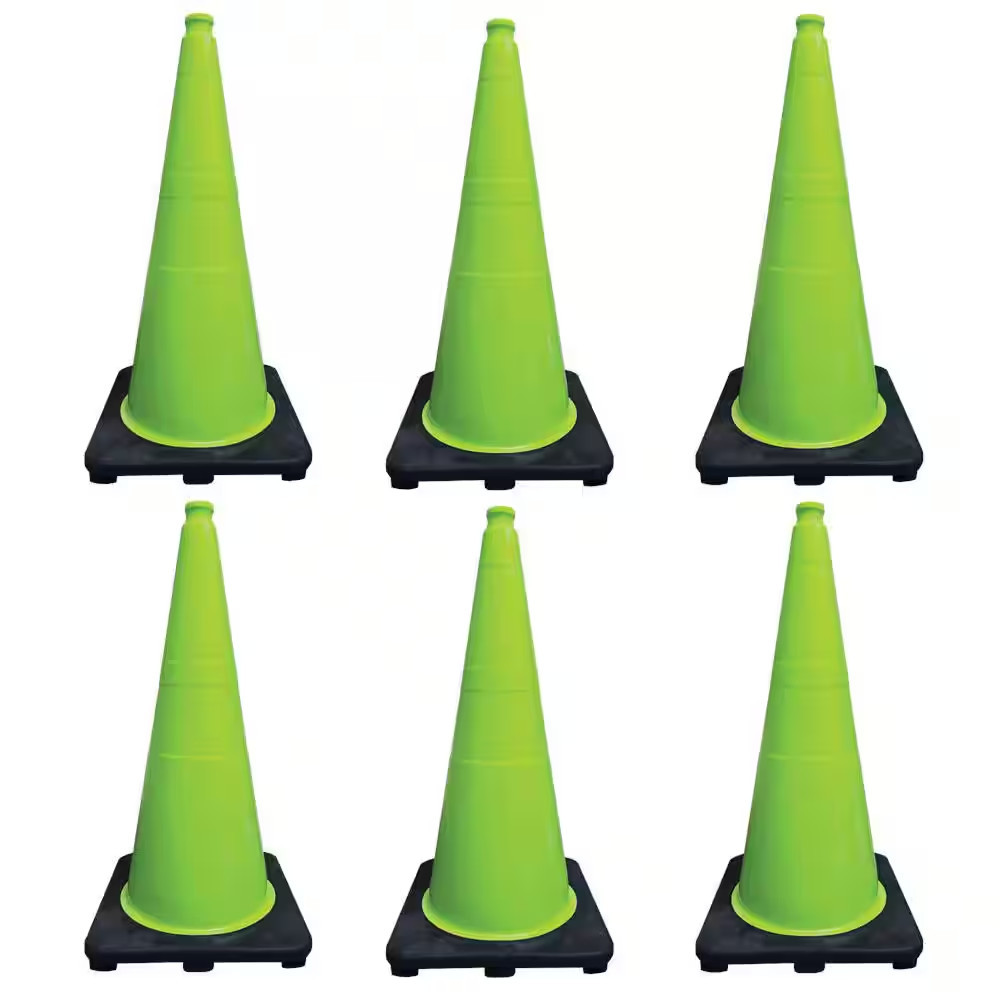 28 In. Lime Green Traffic Cone with Black Base 7 Lbs. (6-Pack)