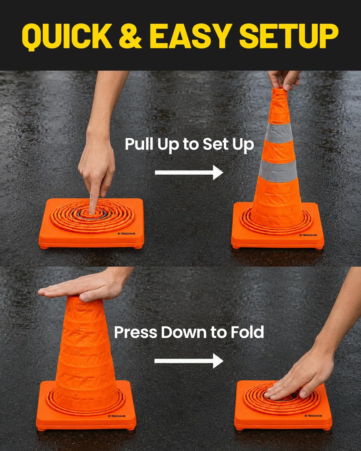 E-riding 18 Inch 2 Pack Collapsible Traffic Cones, Pop-up Orange Cones with 2…